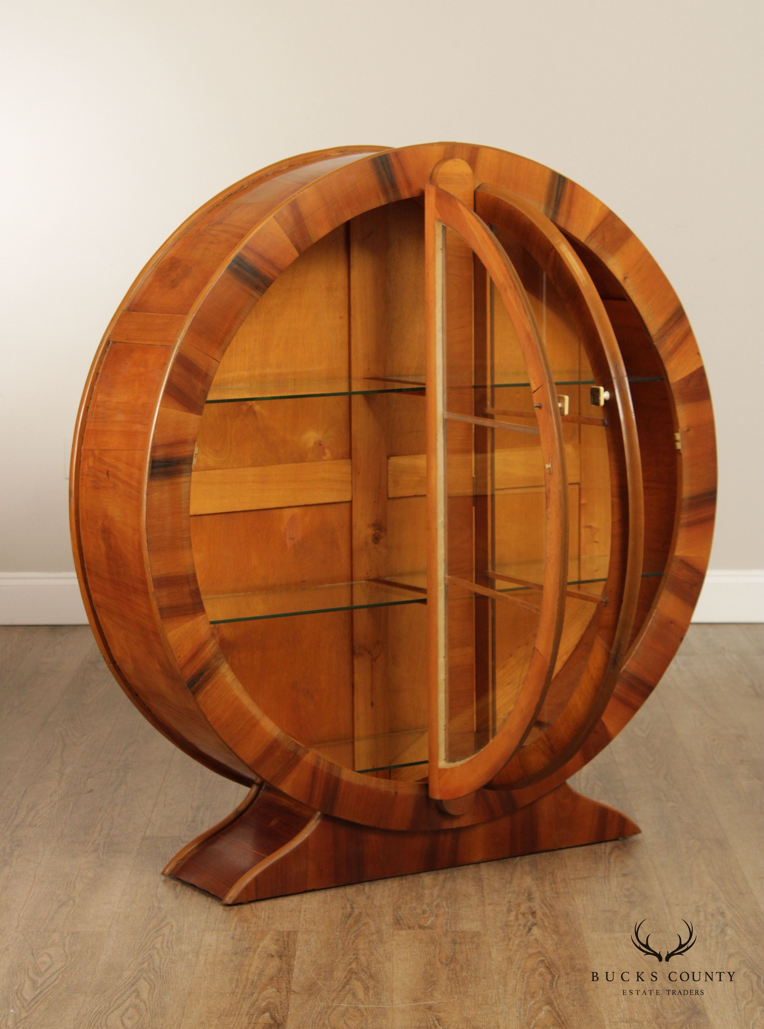 Art Deco Round Walnut Glass Door Display Bookcase Cabinet