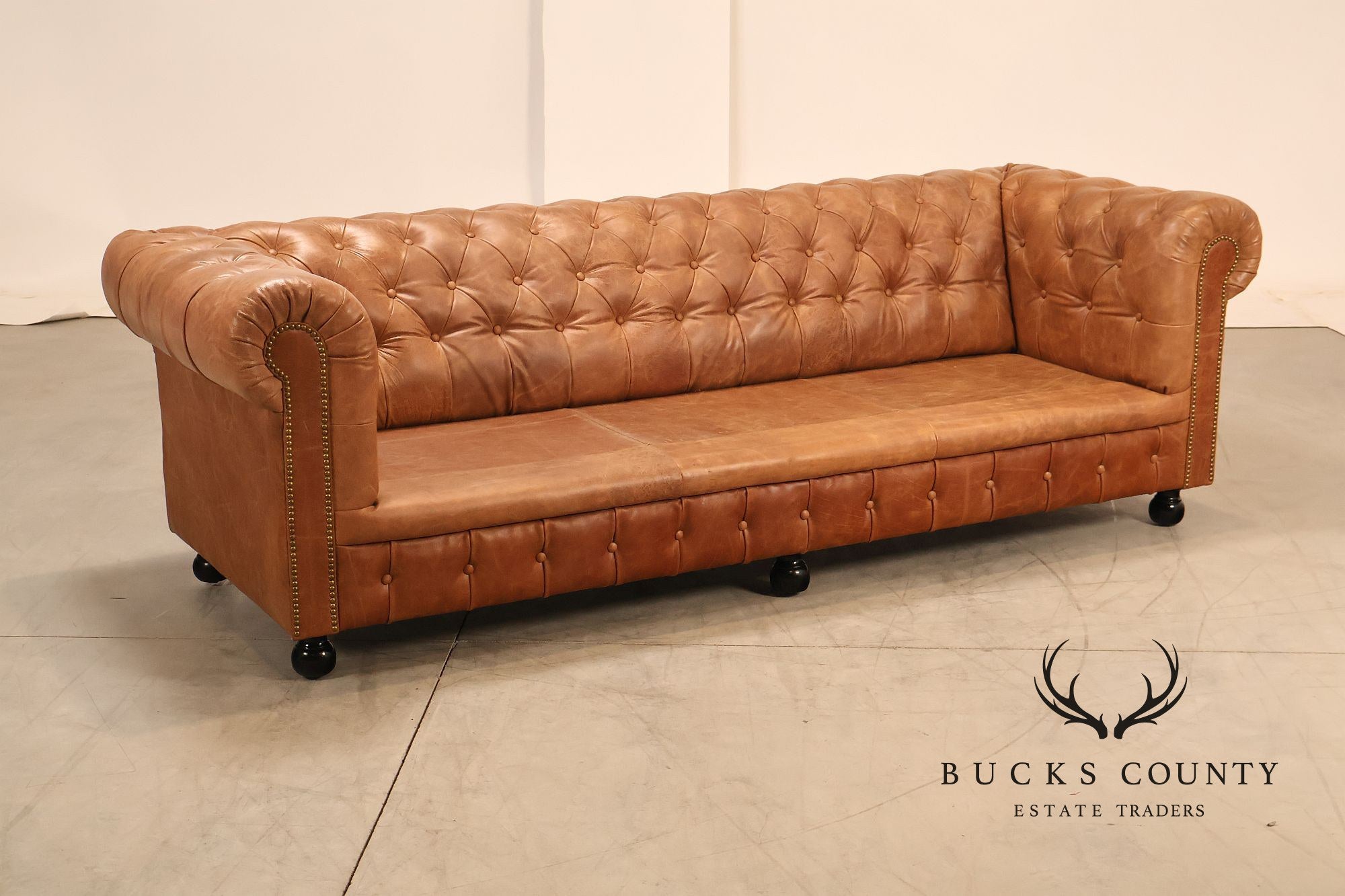 Chesterfield Style 8 Foot Distressed Brown Tufted Leather Sofa