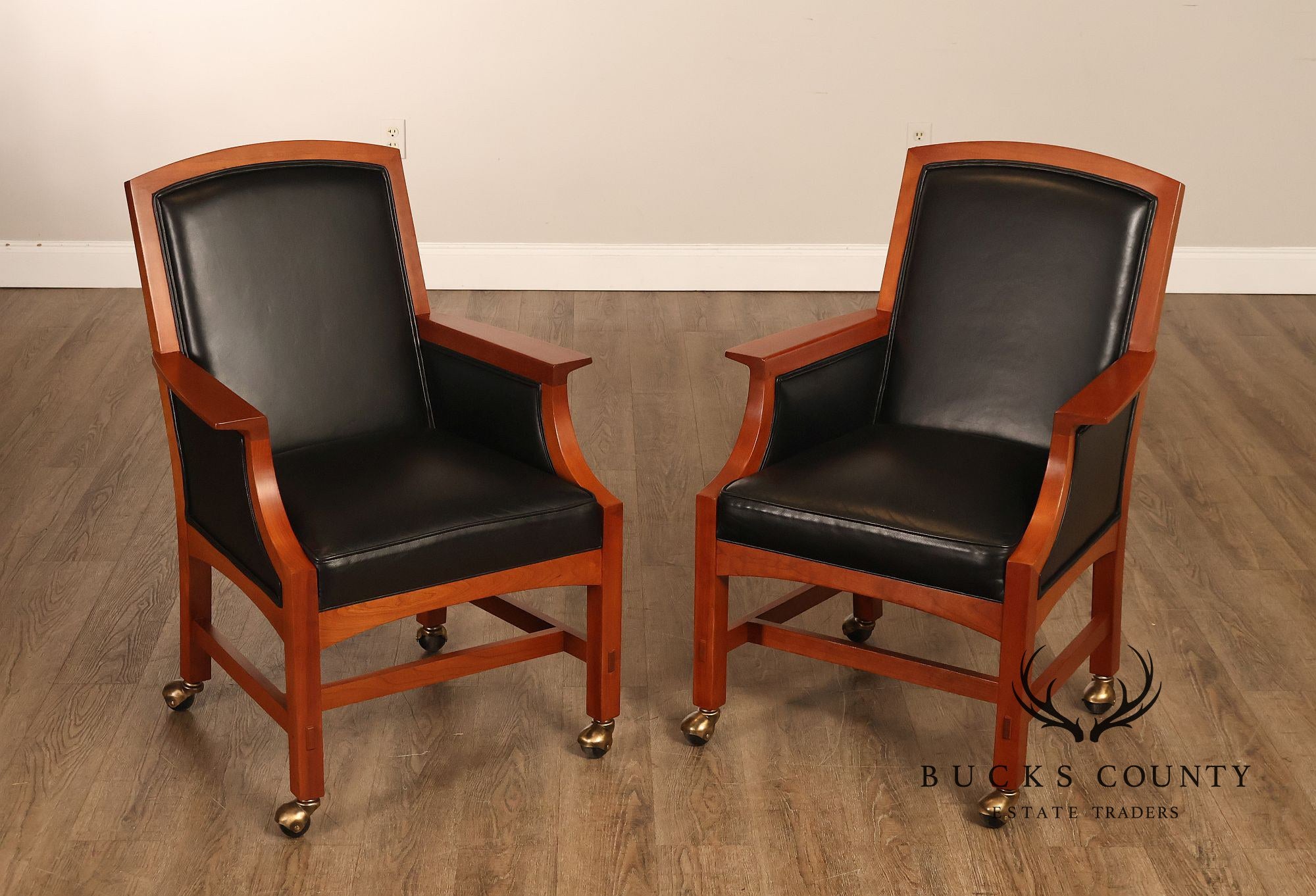 Stickley Mission Collection Pair Of Cherry And Leather Armchairs