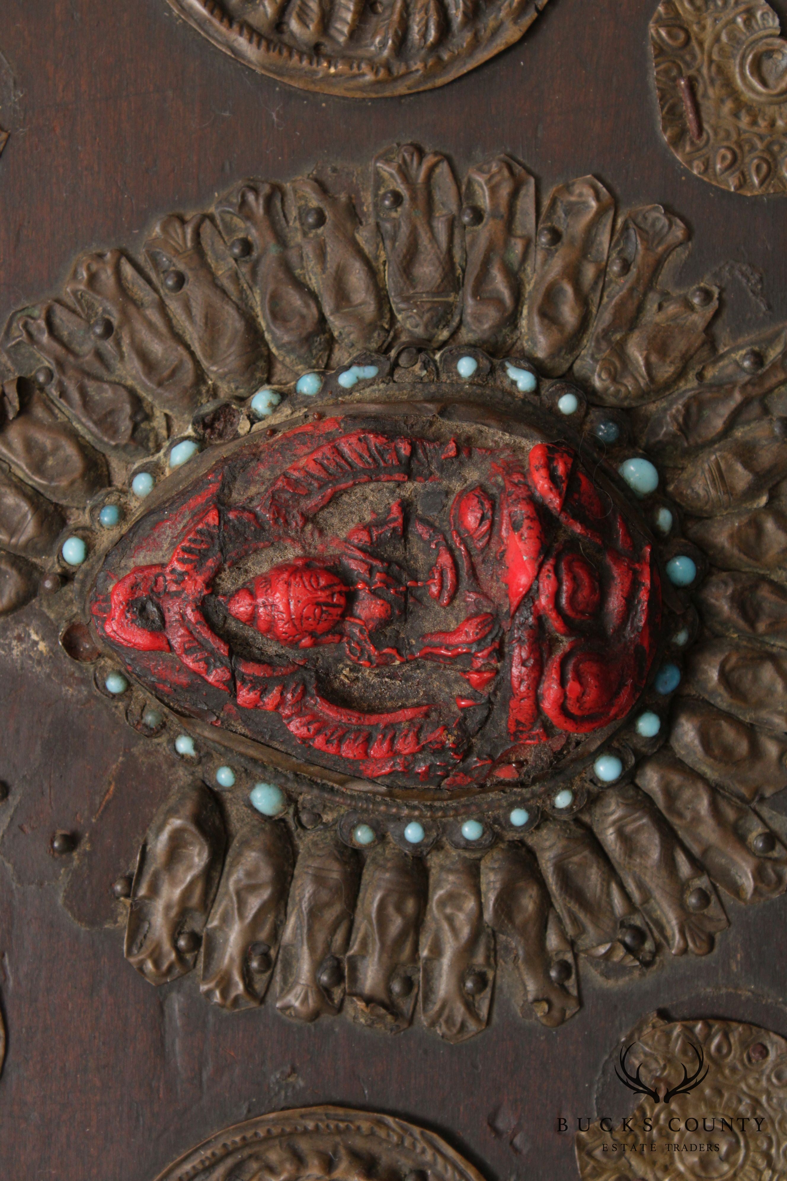 19th Century Tibetan Turquoise and Red Coral Decorated Travel Chest