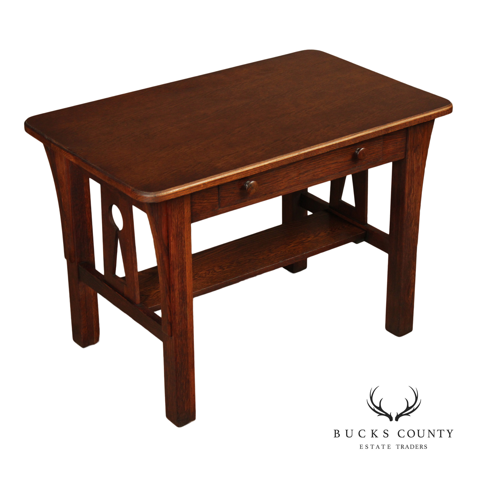 Antique Mission Oak Arts & Crafts Writing Desk With Drawer And Cutout Sides