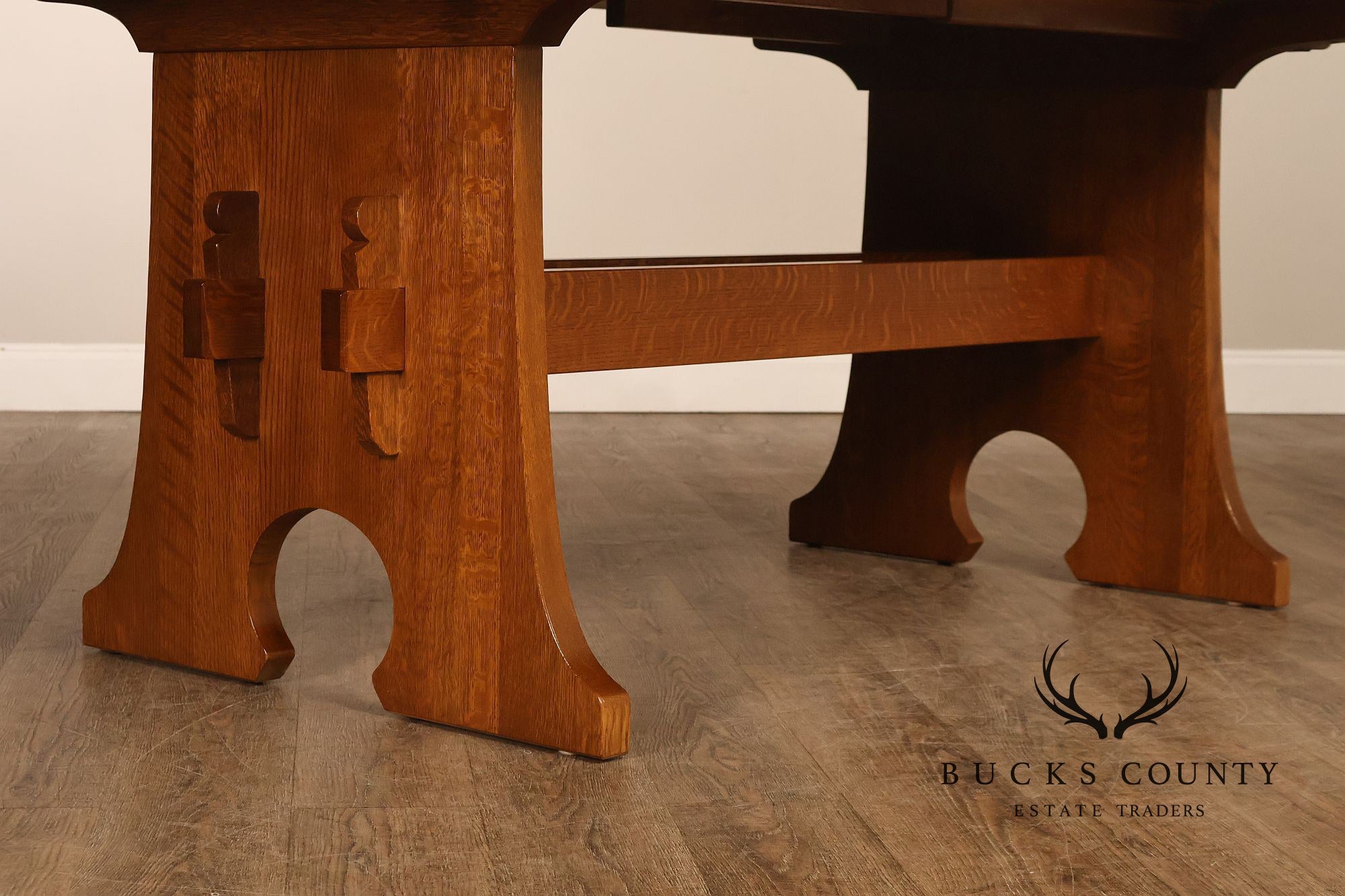 Stickley Mission Collection Oak Trestle Dining Table With Two Leaves