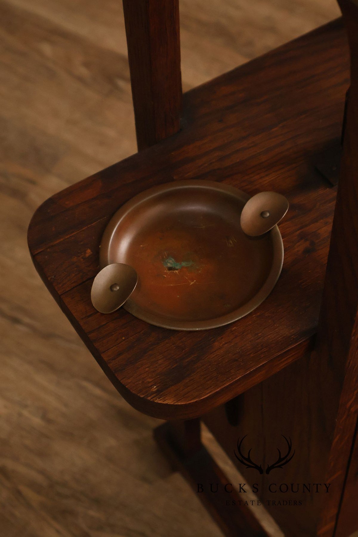 Antique Mission Arts And Crafts Oak Smoking Stand With Copper Ashtrays