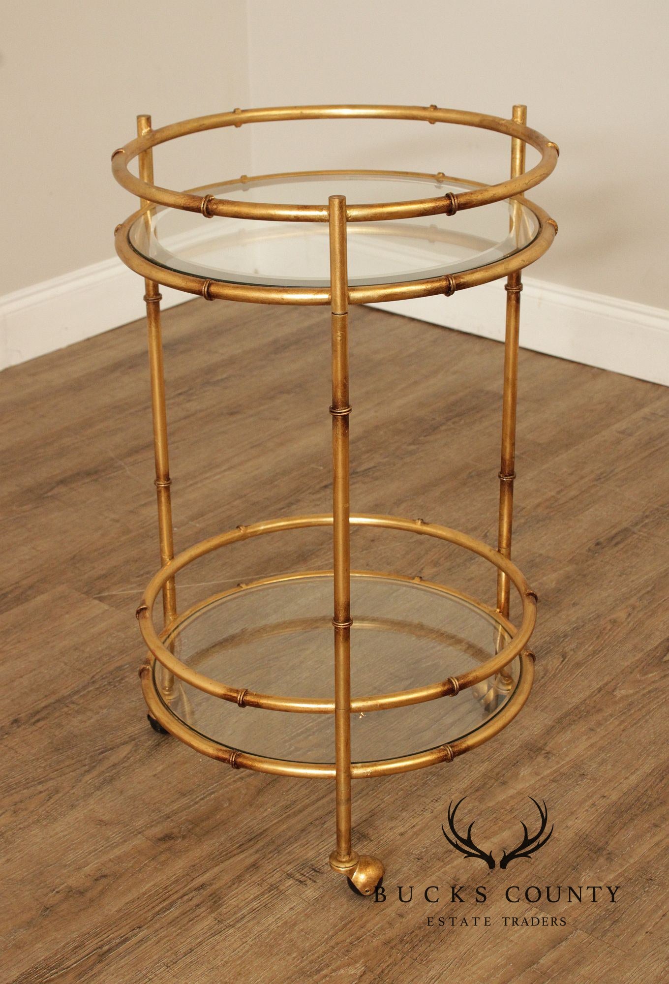 Hollywood Regency Style Gilt Metal Two-Tier Rolling Bar Cart