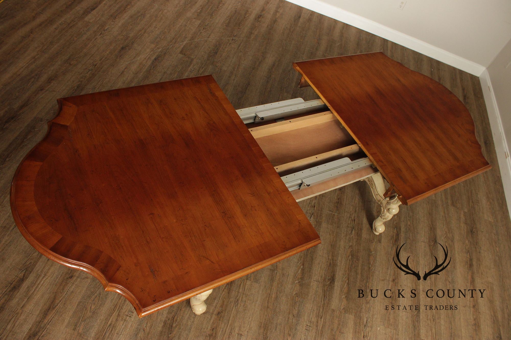 Century Cream Painted Iron Stretcher Base Dining Table