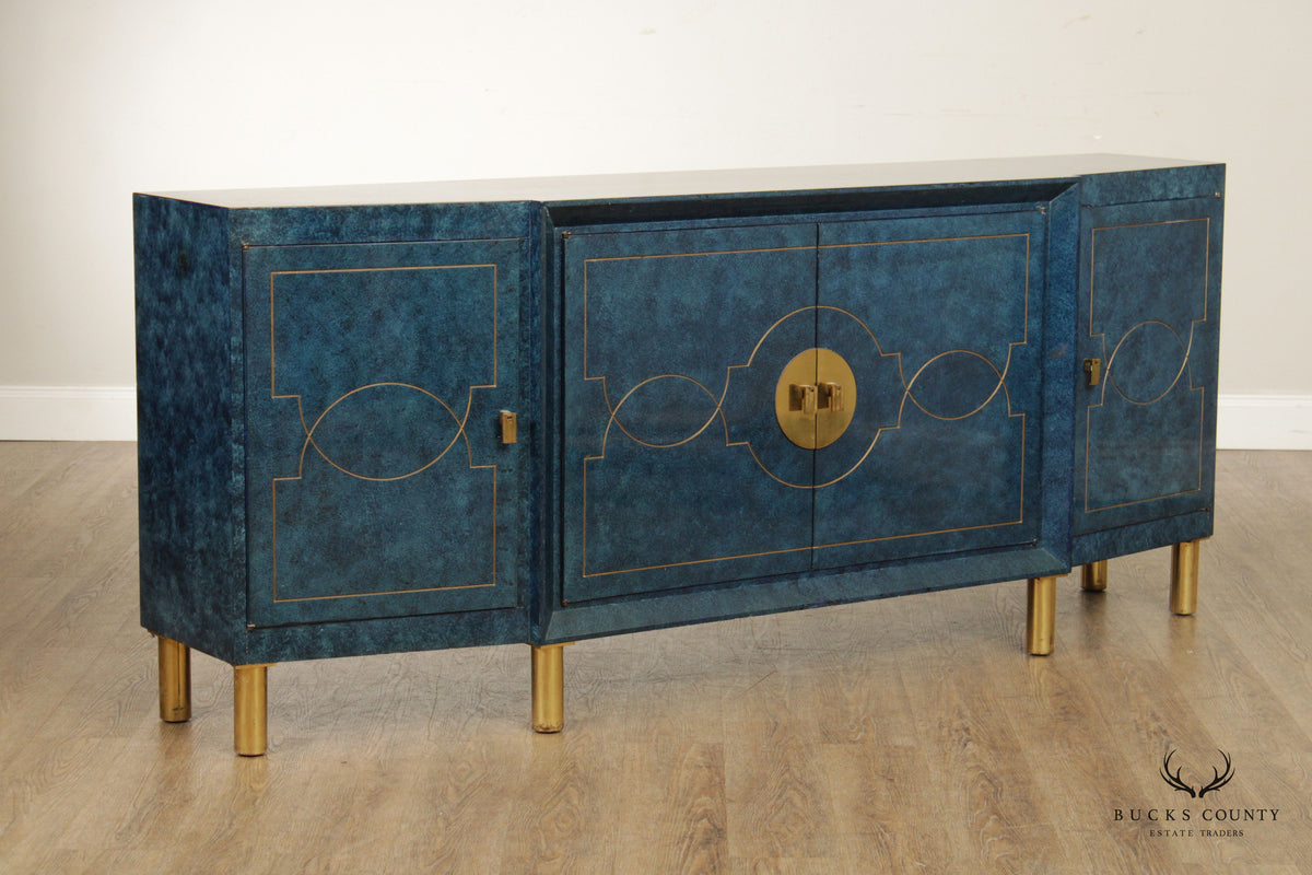 Hollywood Regency Blue Lacquered and Brass Sideboard