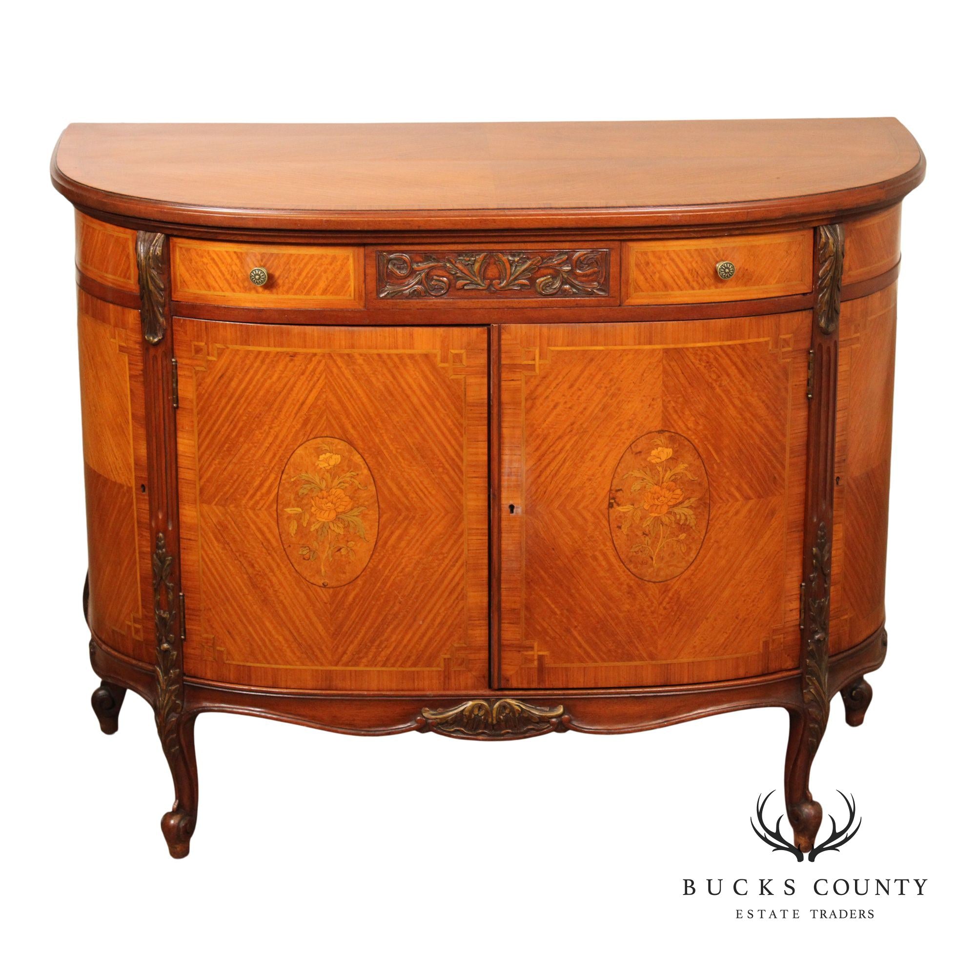 1930's French Louis XV Style Inlaid Satinwood Demilune Commode