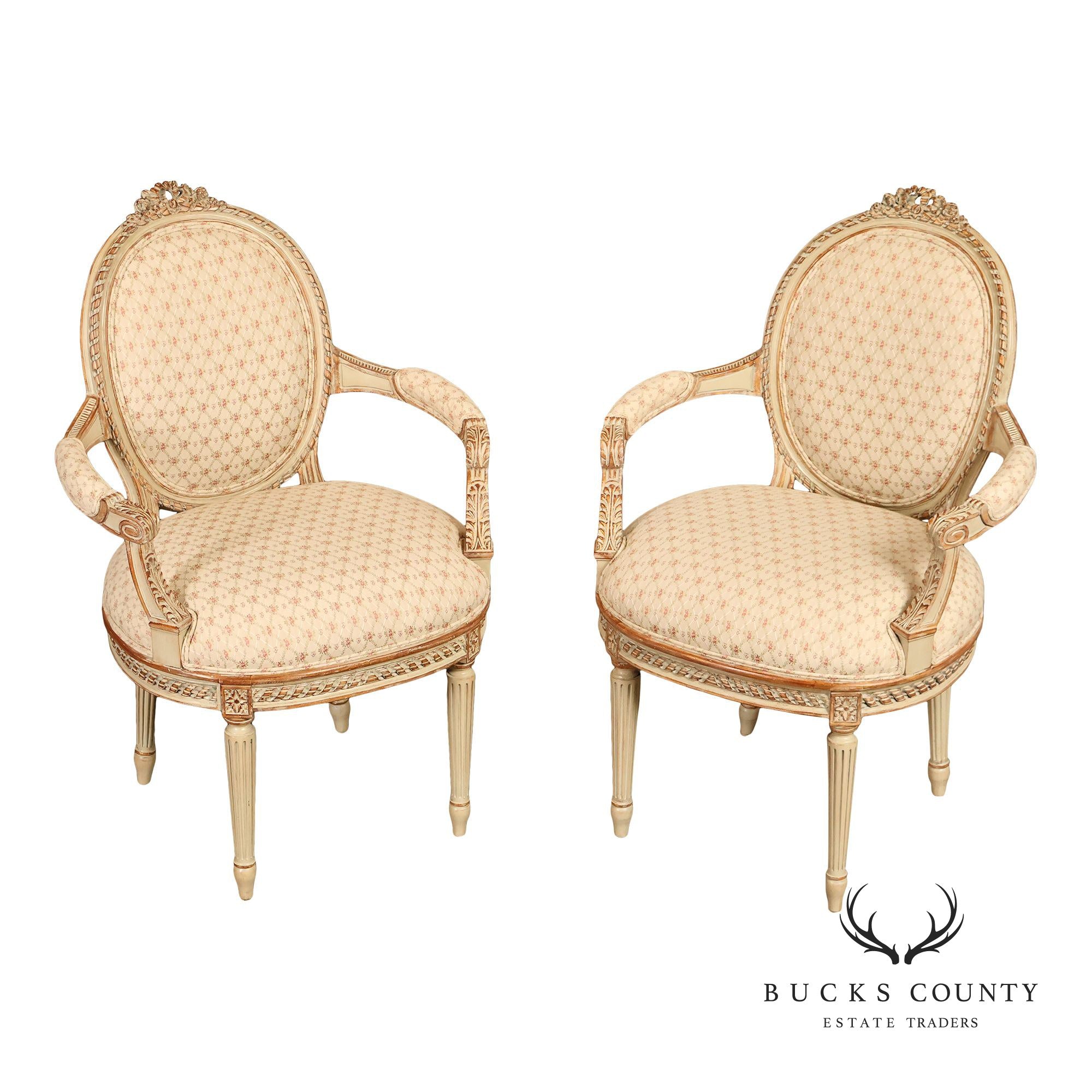 French Louis XVI Style Pair of Cream Painted Armchairs
