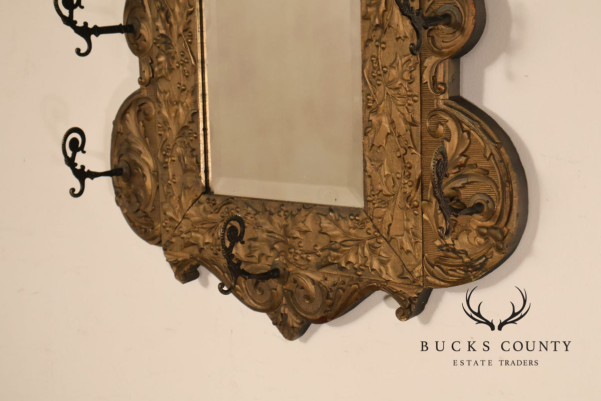 Antique Carved Gilt Wood Wall Mirror With Wrought Iron Hooks