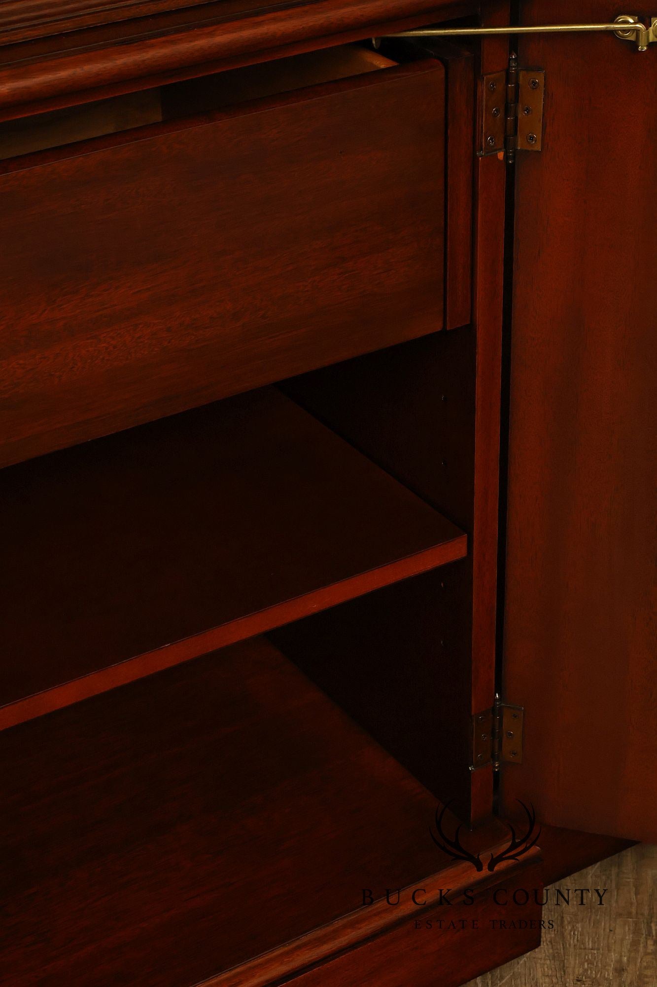 Karges English Style Mahogany Breakfront China Cabinet Display Bookcase with Carved Pediment and Silk Backing