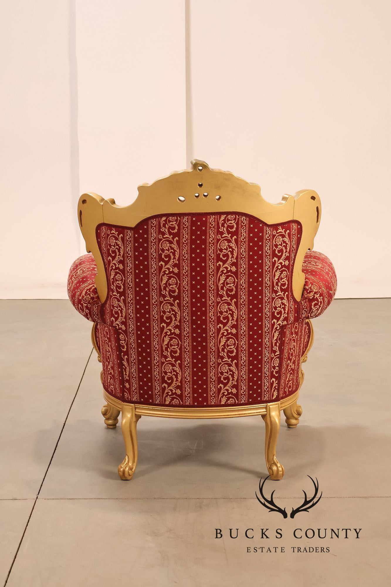 Baroque Style Pair Of Giltwood Armchairs With Red Damask Upholstery