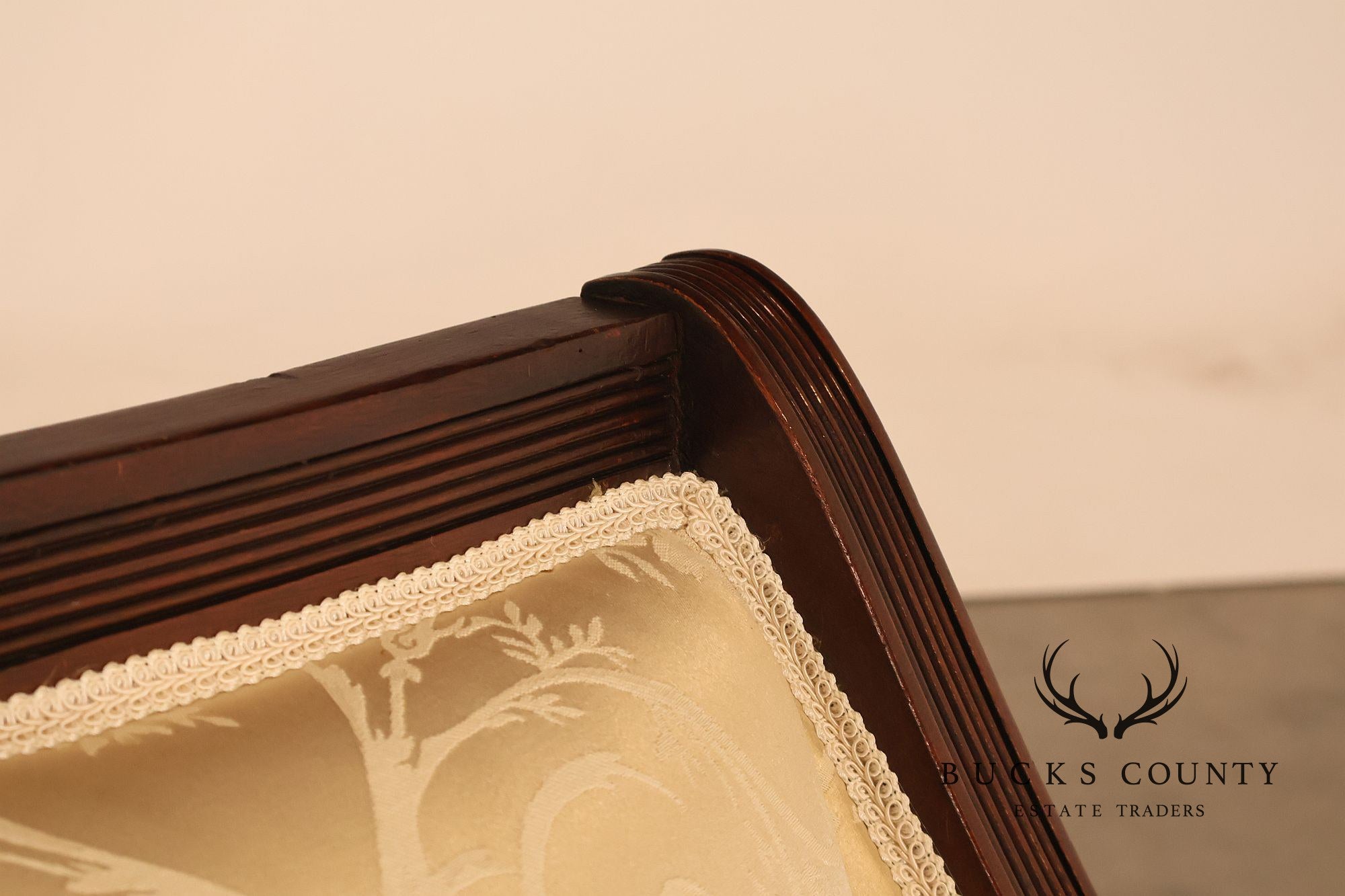 Federal Sheraton Style Upholstered Sofa With Carved Wood Frame