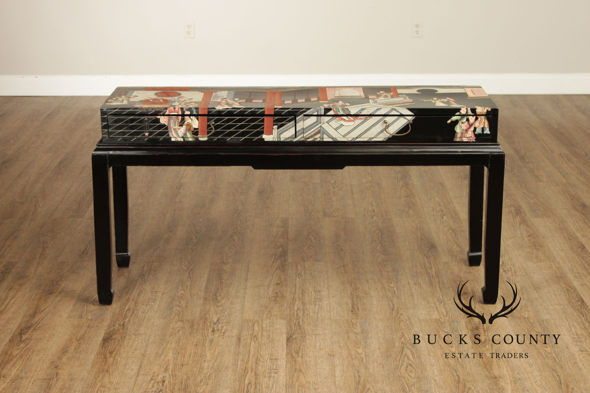 Vintage Chinese Style Lacquered Figural Scene Console