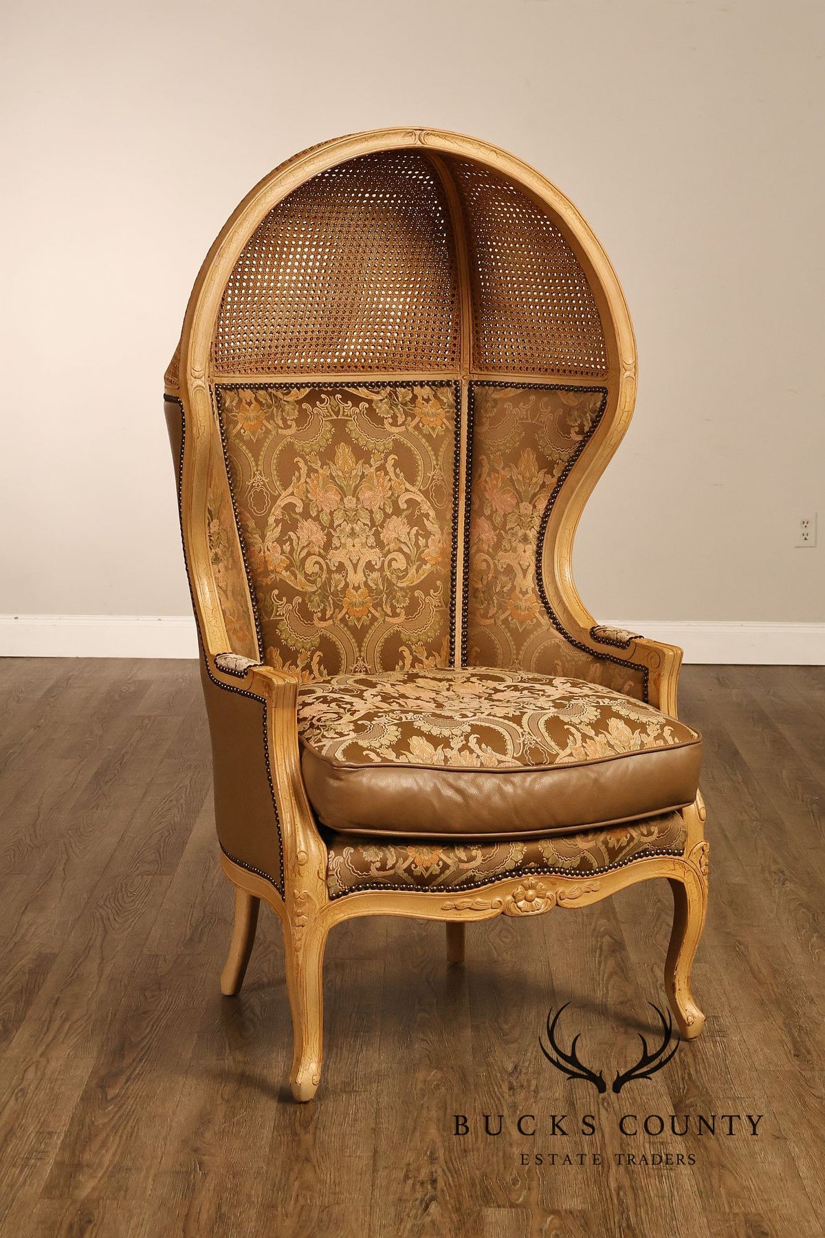 Old Hickory Tannery French Louis XV Style Pair Of Cane And Leather Hooded Porter Chairs