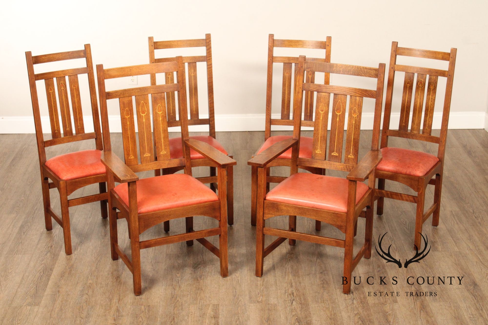 Stickley Mission Collection Set of Six Harvey Ellis Inlaid Oak Dining Chairs