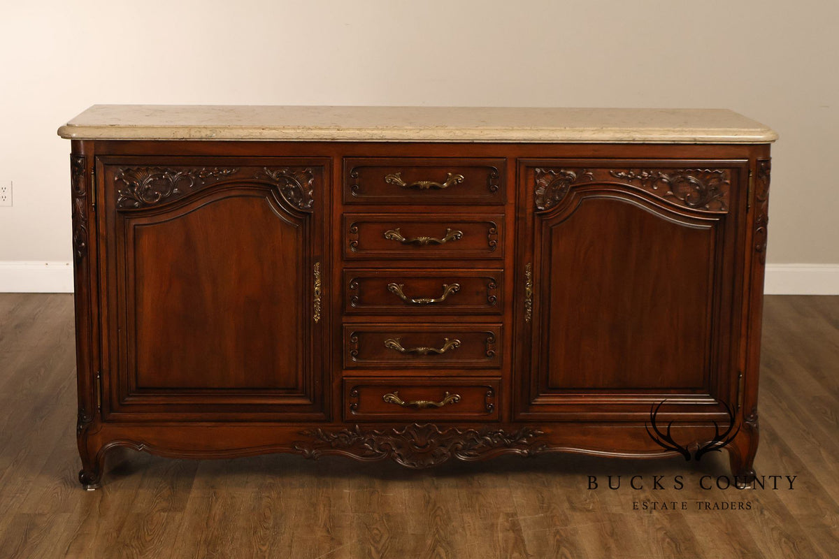 French Louis XV Style Carved Walnut Marble Top Sideboard