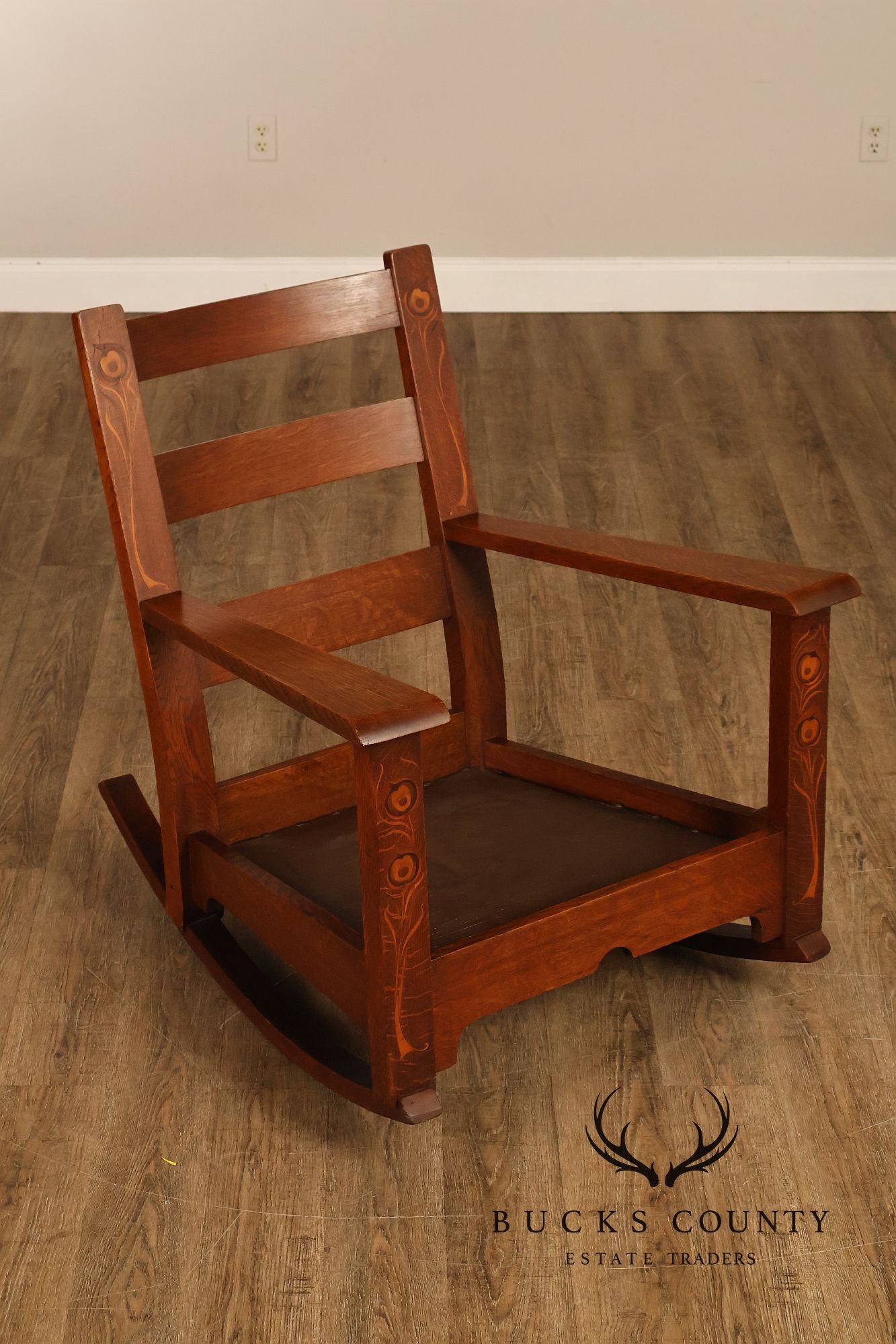 Early Rare Antique Stickley Brothers Arts And Crafts Inlaid Peacock Rocking Chair