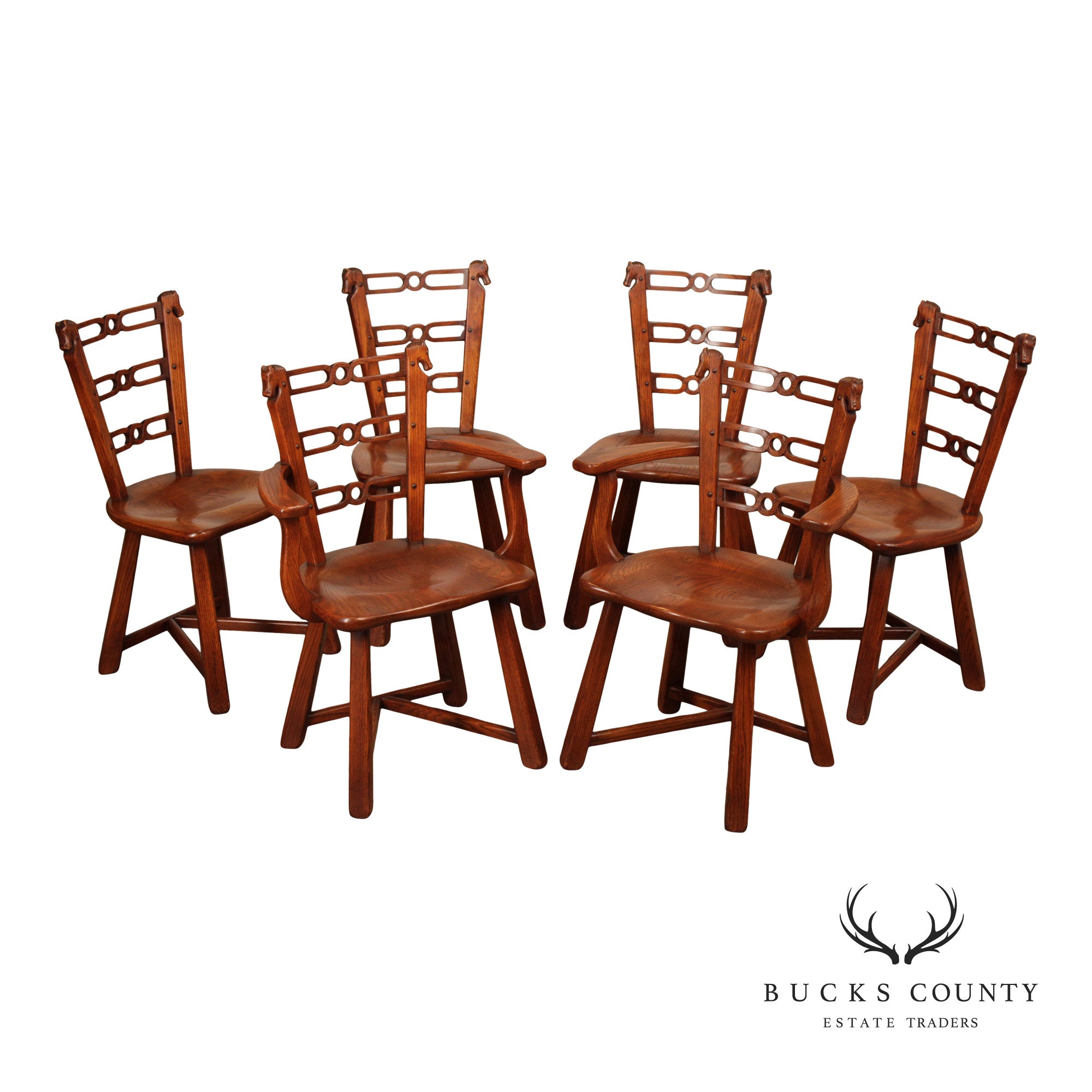 Romweber Set of Six Horse Carved Oak Dining Chairs
