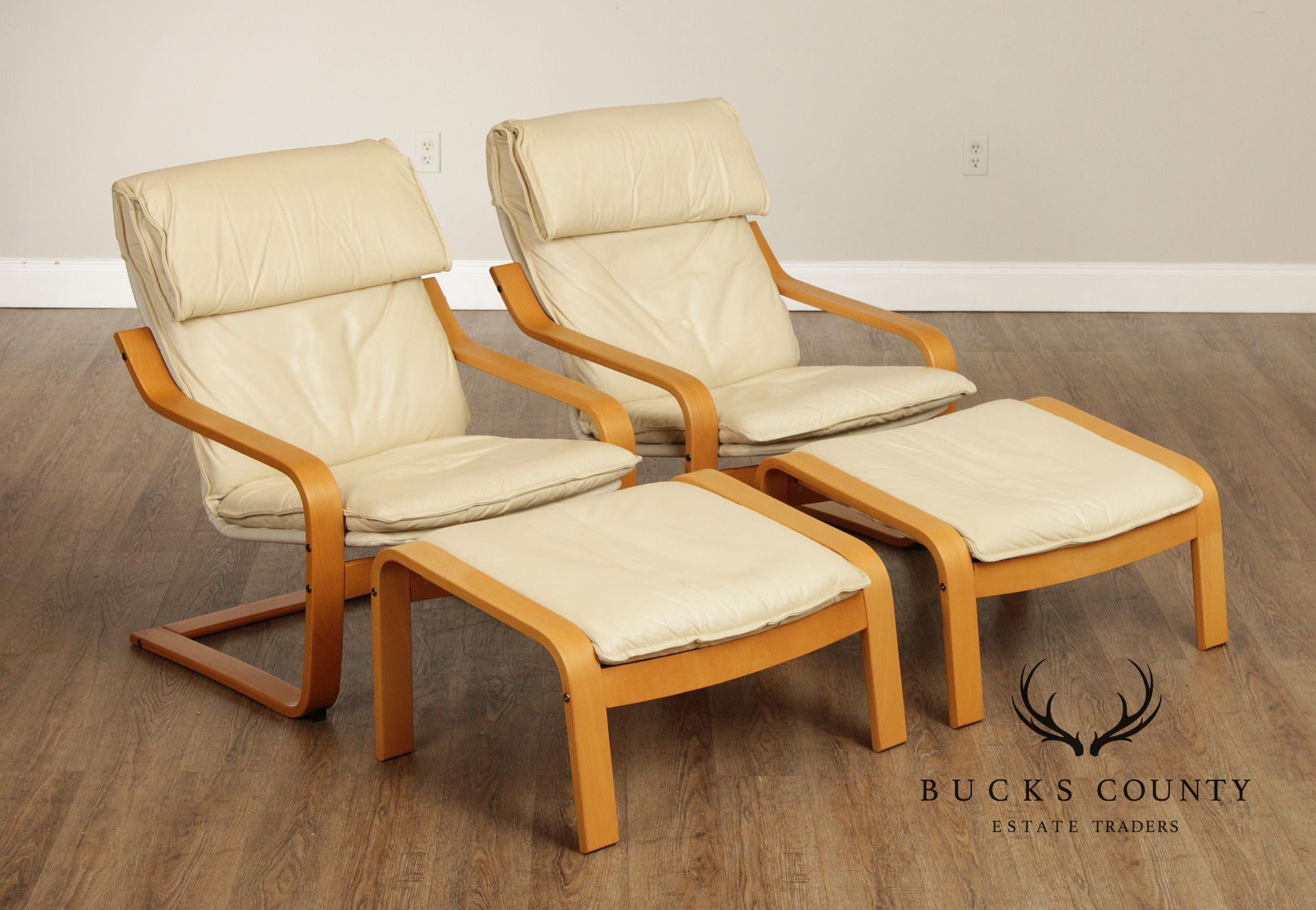 Danish Modern Style Pair of Leather Lounge Chairs with Ottomans