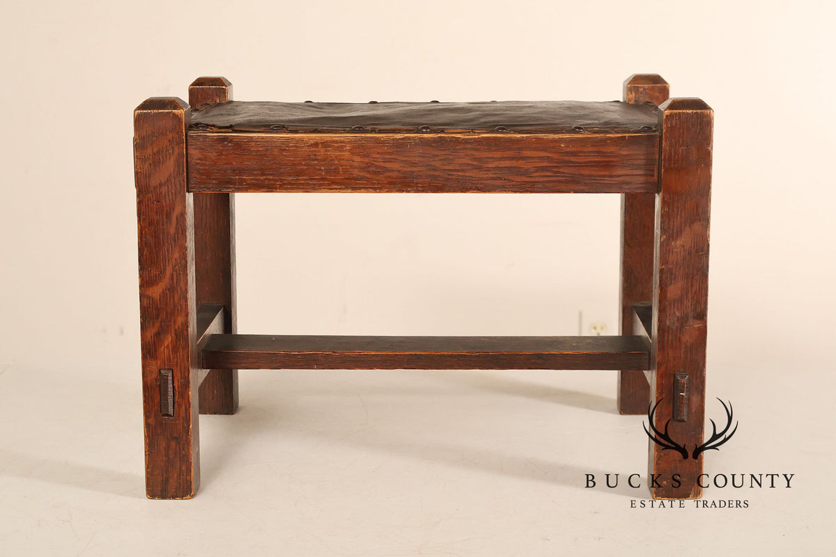 Arts And Crafts Oak Footstool With Leather Upholstered Seat