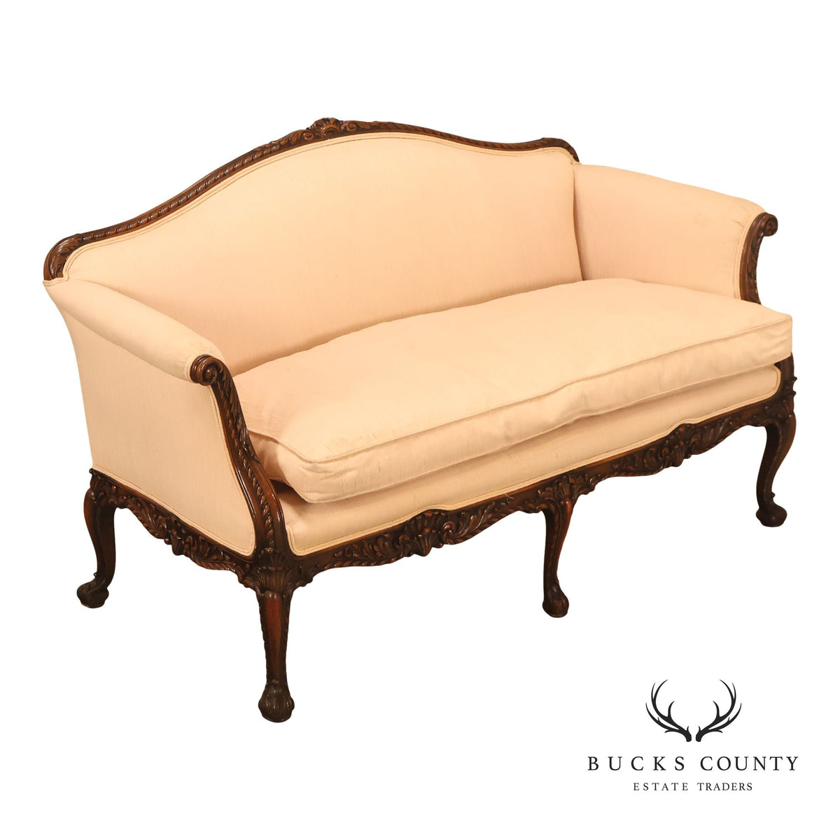 Vintage French Louis XV Style Carved Wood Upholstered Settee With Down Cushion
