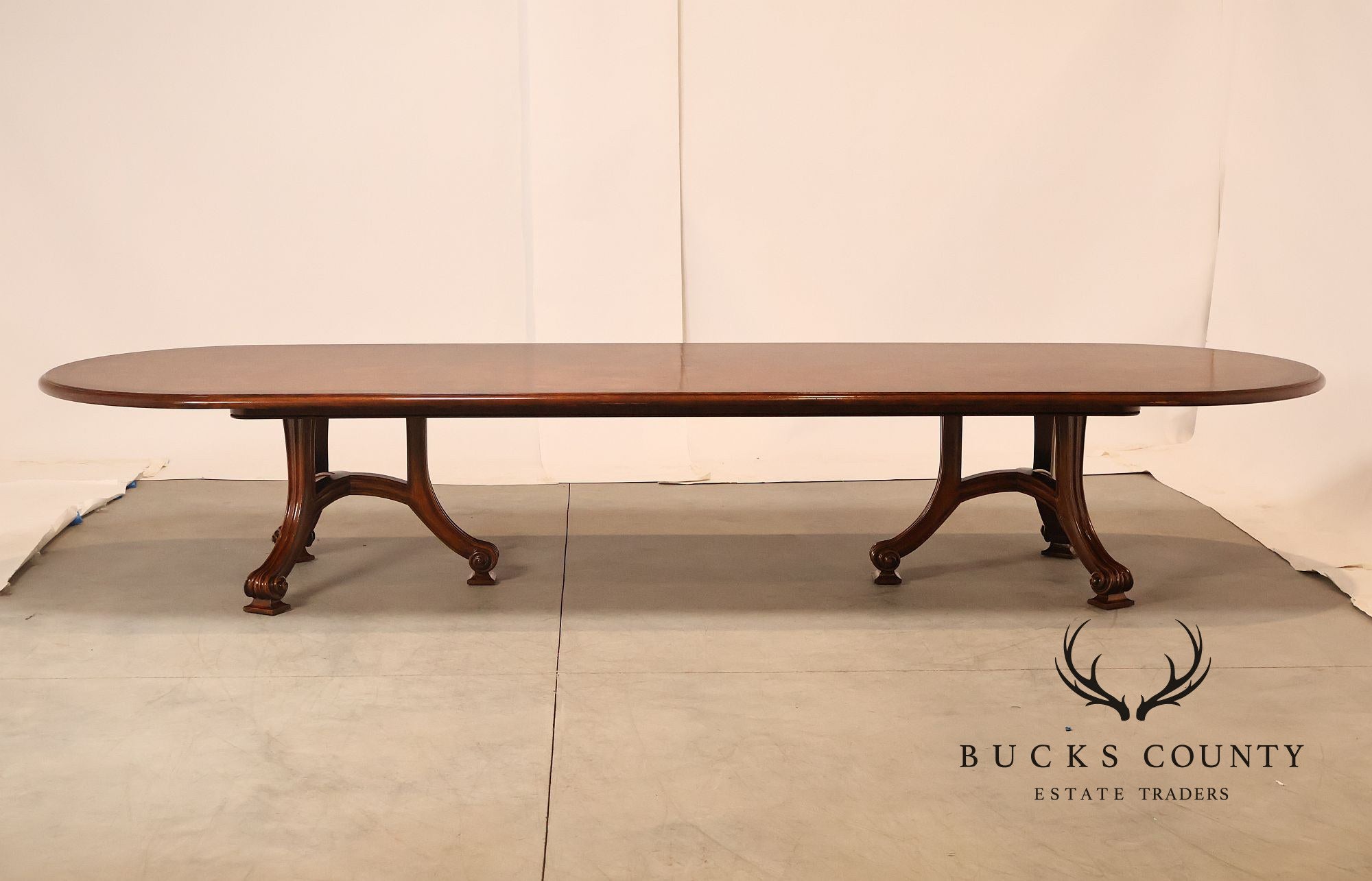 Dessin Fournir Banded Burlwood Large Double Pedestal Banquet Dining Table