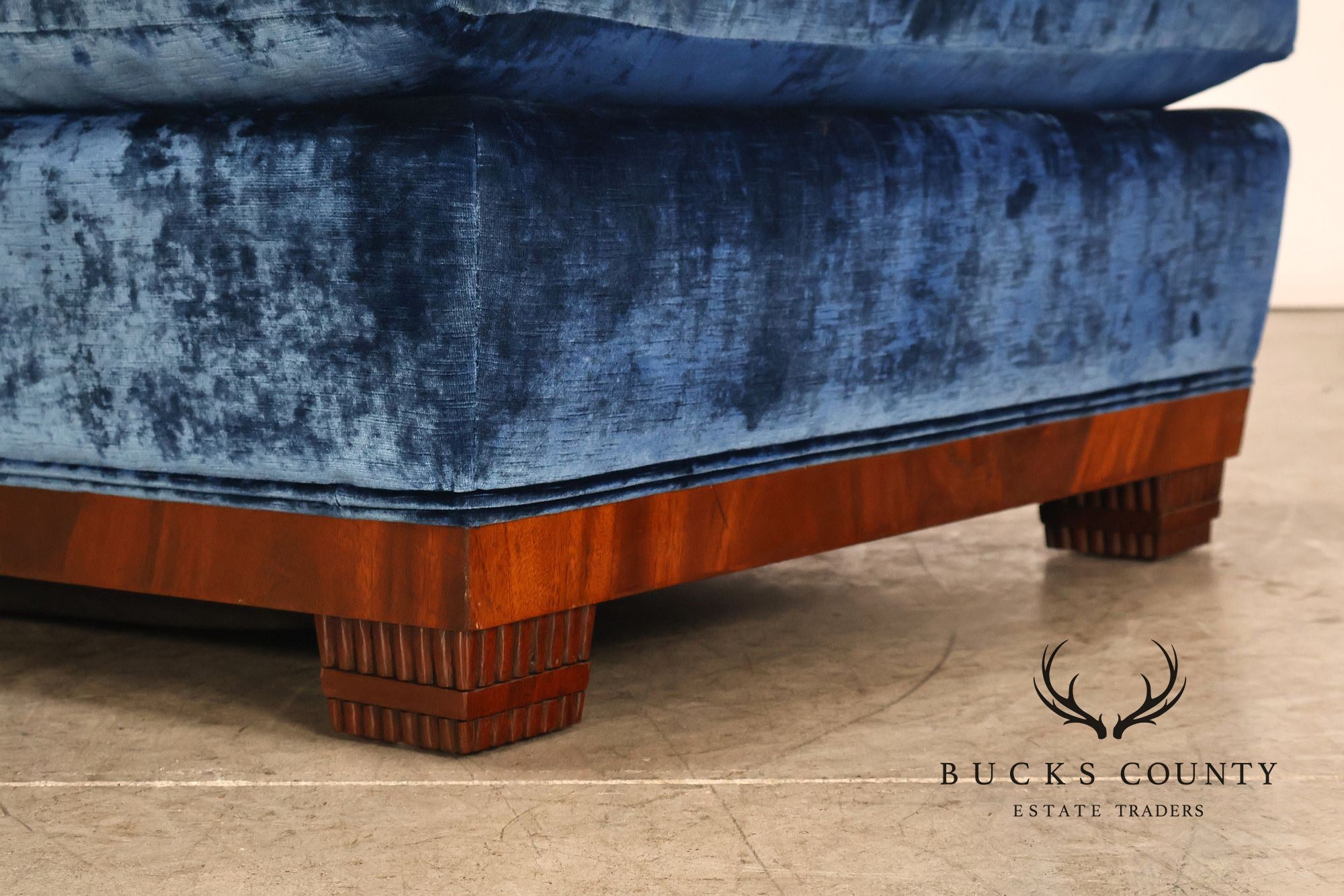 Art Deco Style Large Custom Blue Velvet and Mahogany Ottoman