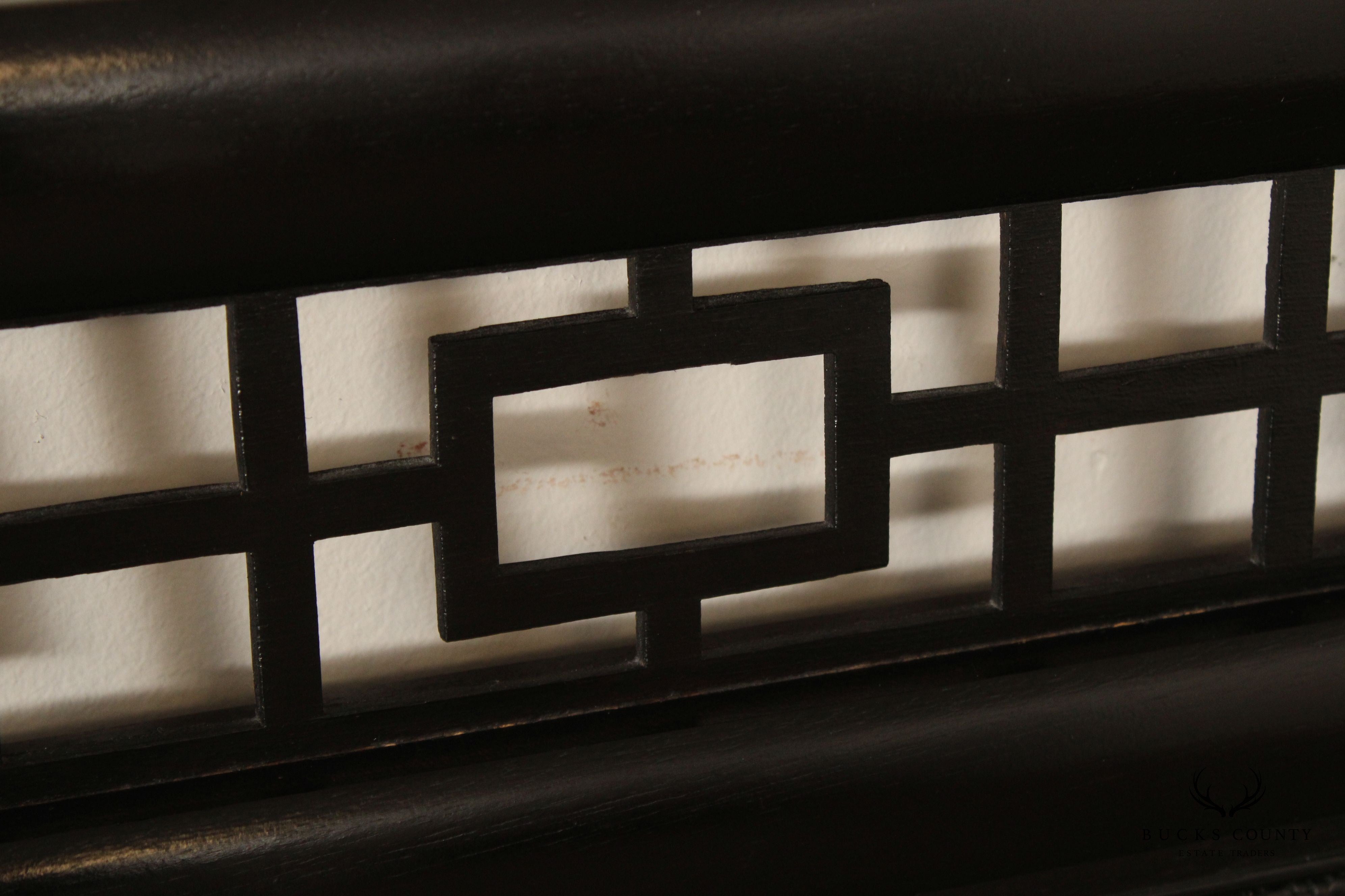 Century Asian Inspired Black Lacquered Cane Back King Size Headboard