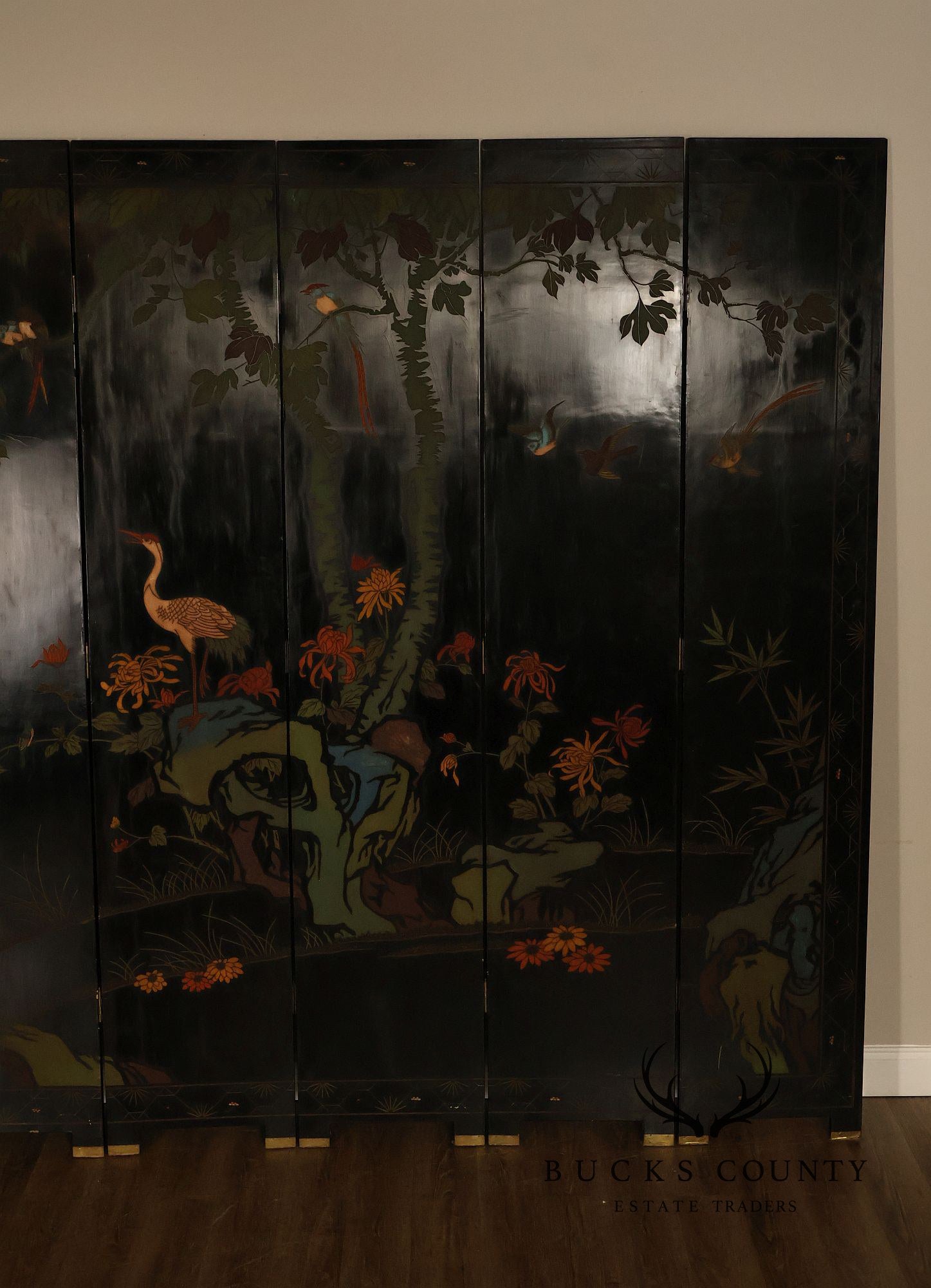 Chinese Coromandel Style Pair Of Eight Panel Folding Screens