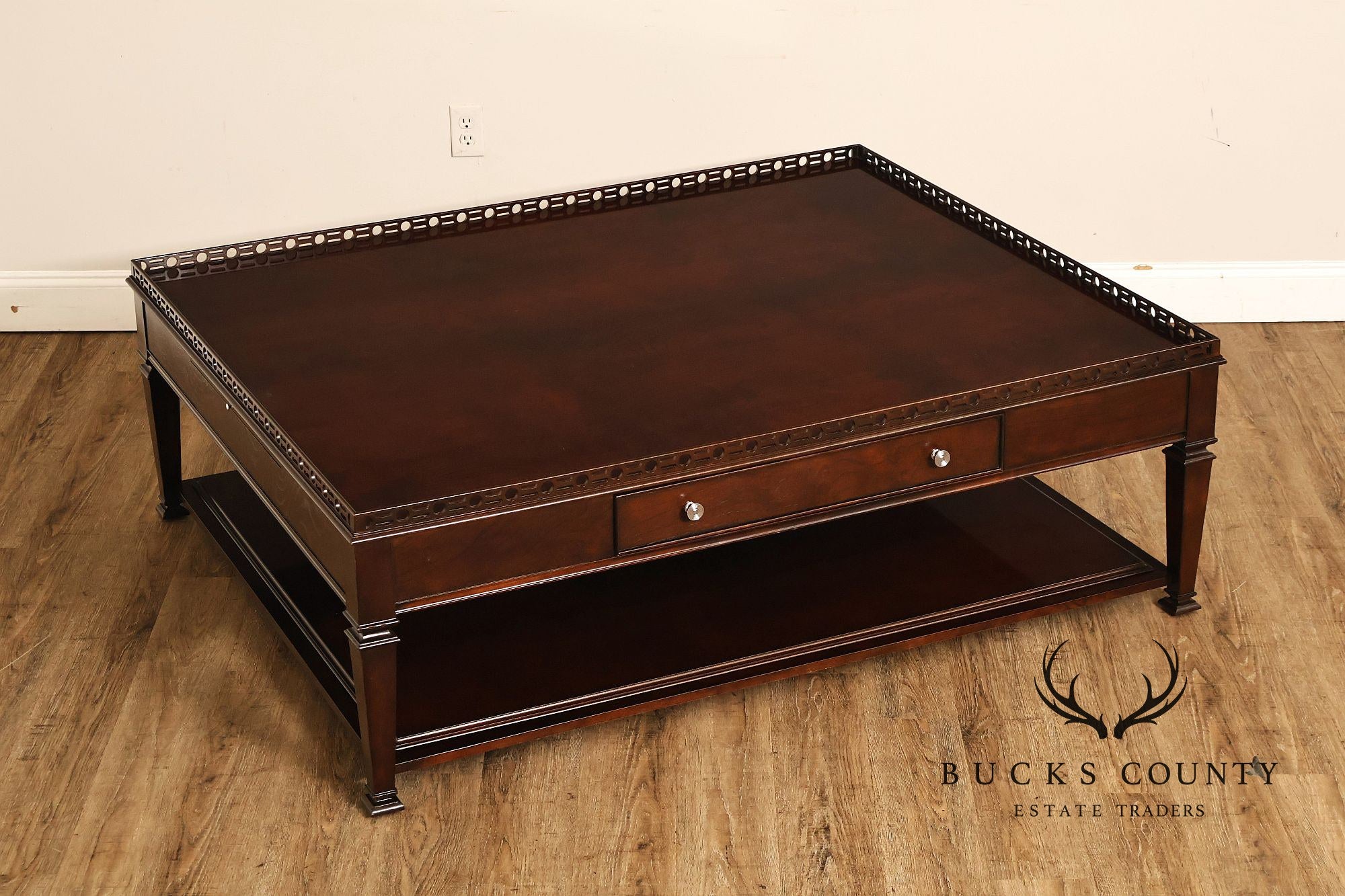 Century Furniture Large Mahogany Two Drawer Gallery Top Rectangular Cocktail Coffee Table