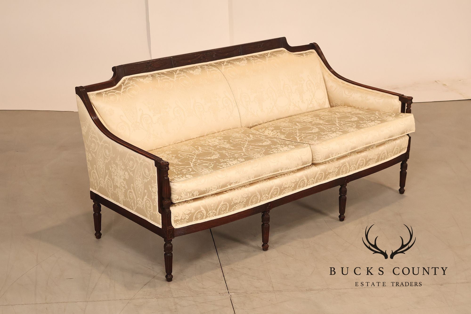 Federal Sheraton Style Upholstered Sofa With Carved Wood Frame