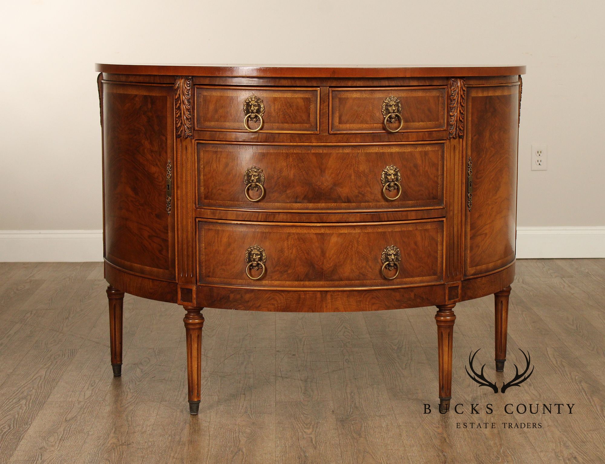 Regency Style Burl Walnut Demilune Commode