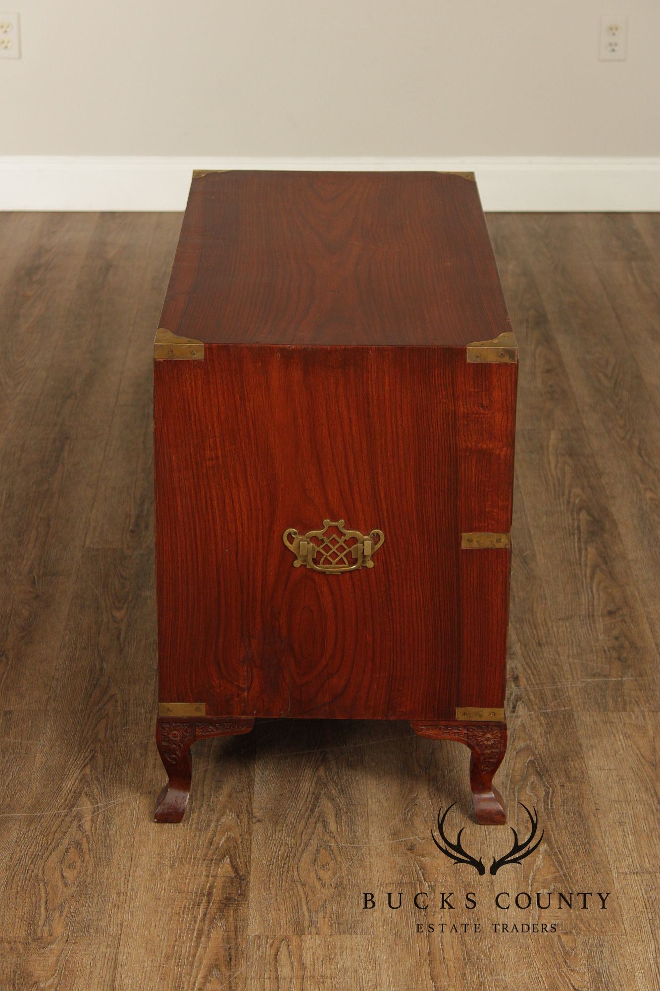 Brass Inlaid And Carved Teak Four Drawer Campaign Chest
