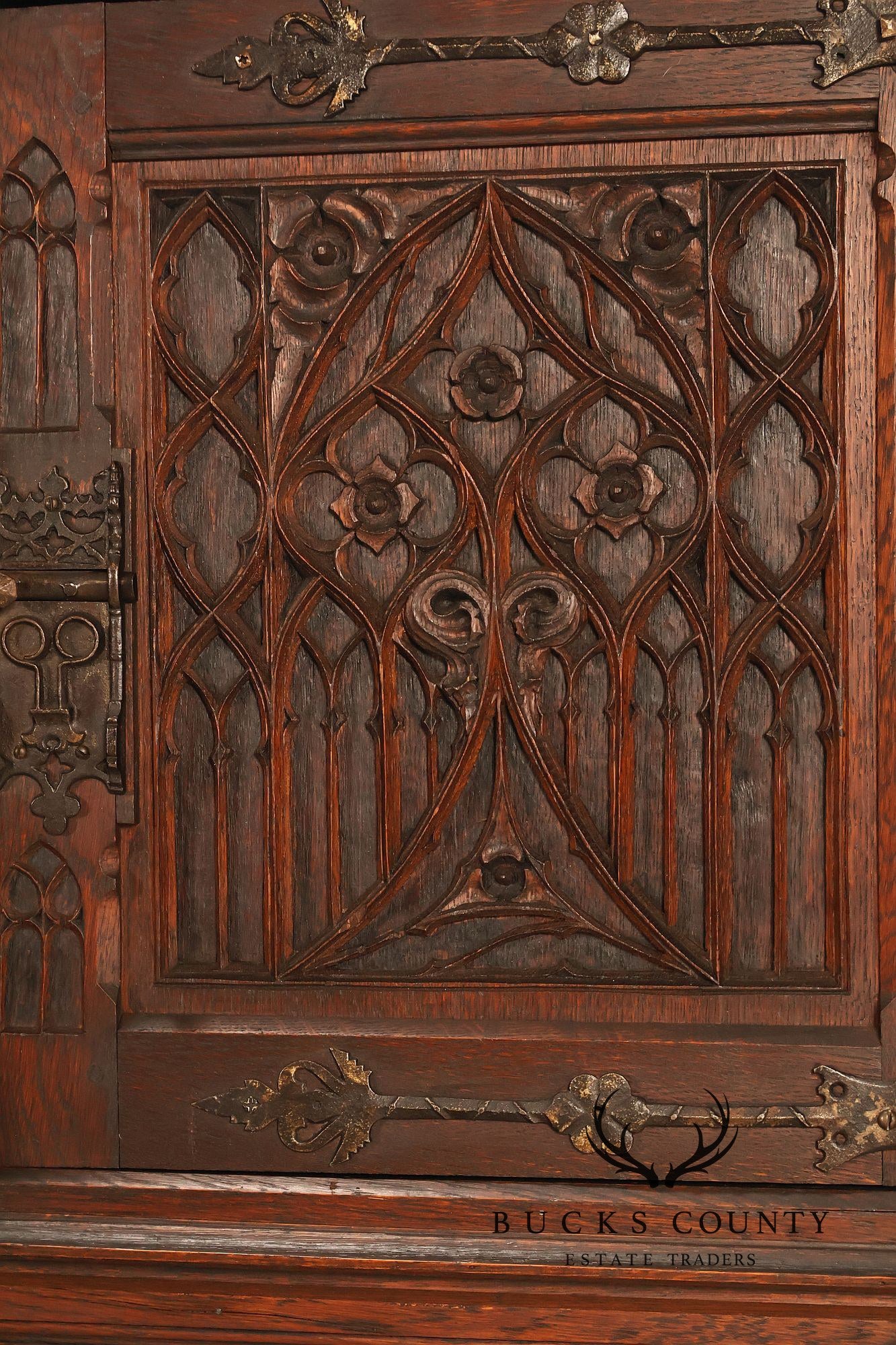 Antique Neo-Gothic Carved Oak Sideboard Server With Figural Panels