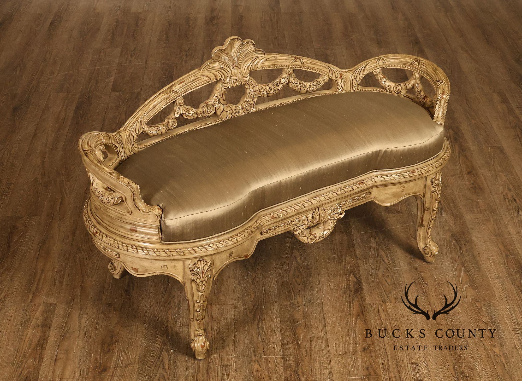 French Louis XV Style Carved Painted Upholstered Bench