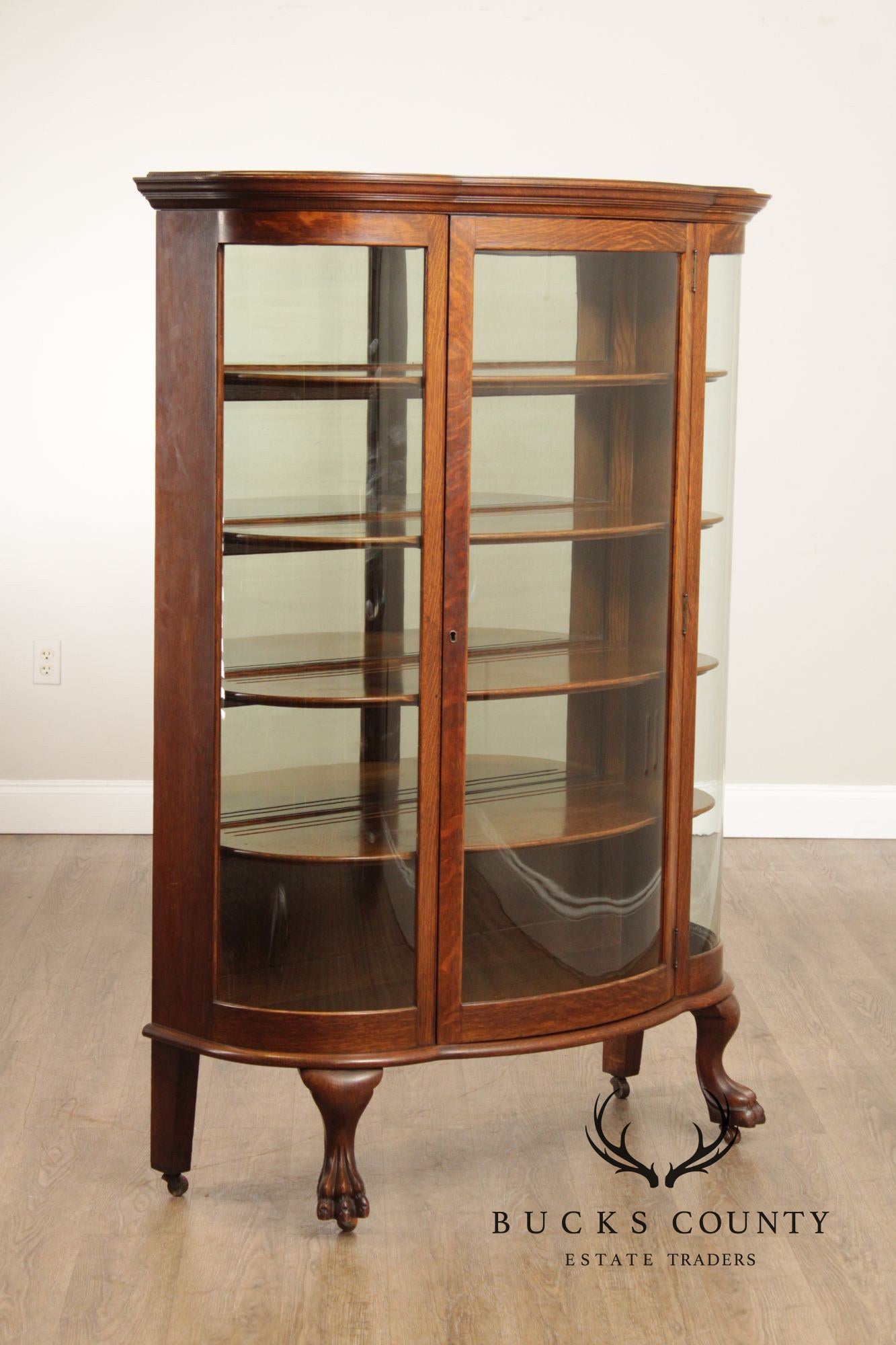 Antique Victorian Oak Curio Bow Glass China Cabinet