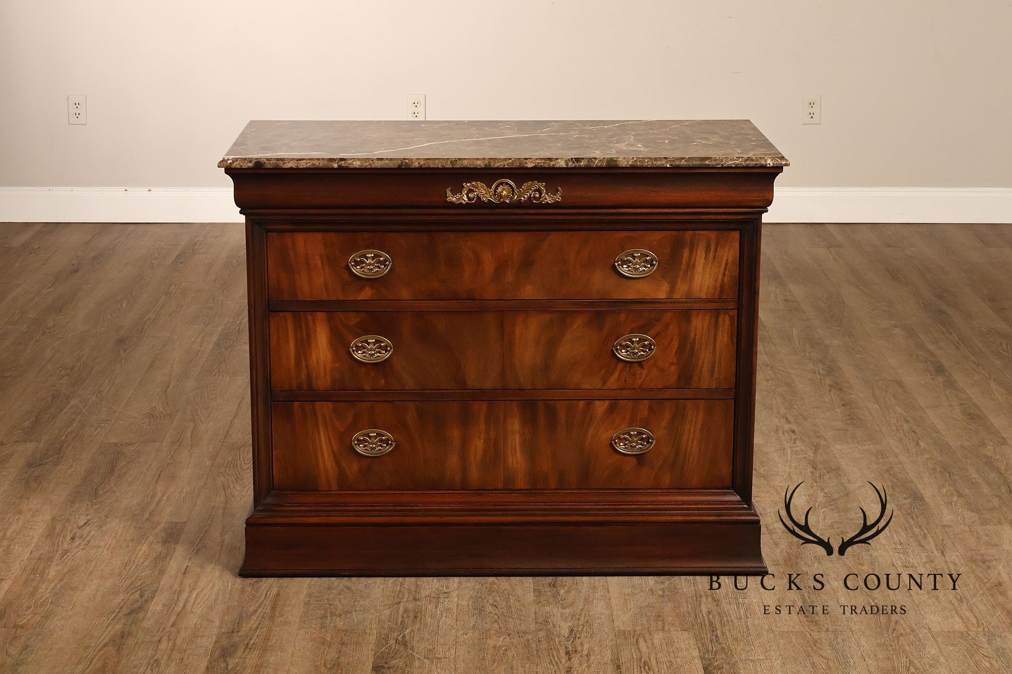 Henkel Harris Empire Style Marble Top Mahogany Chest Of Drawers