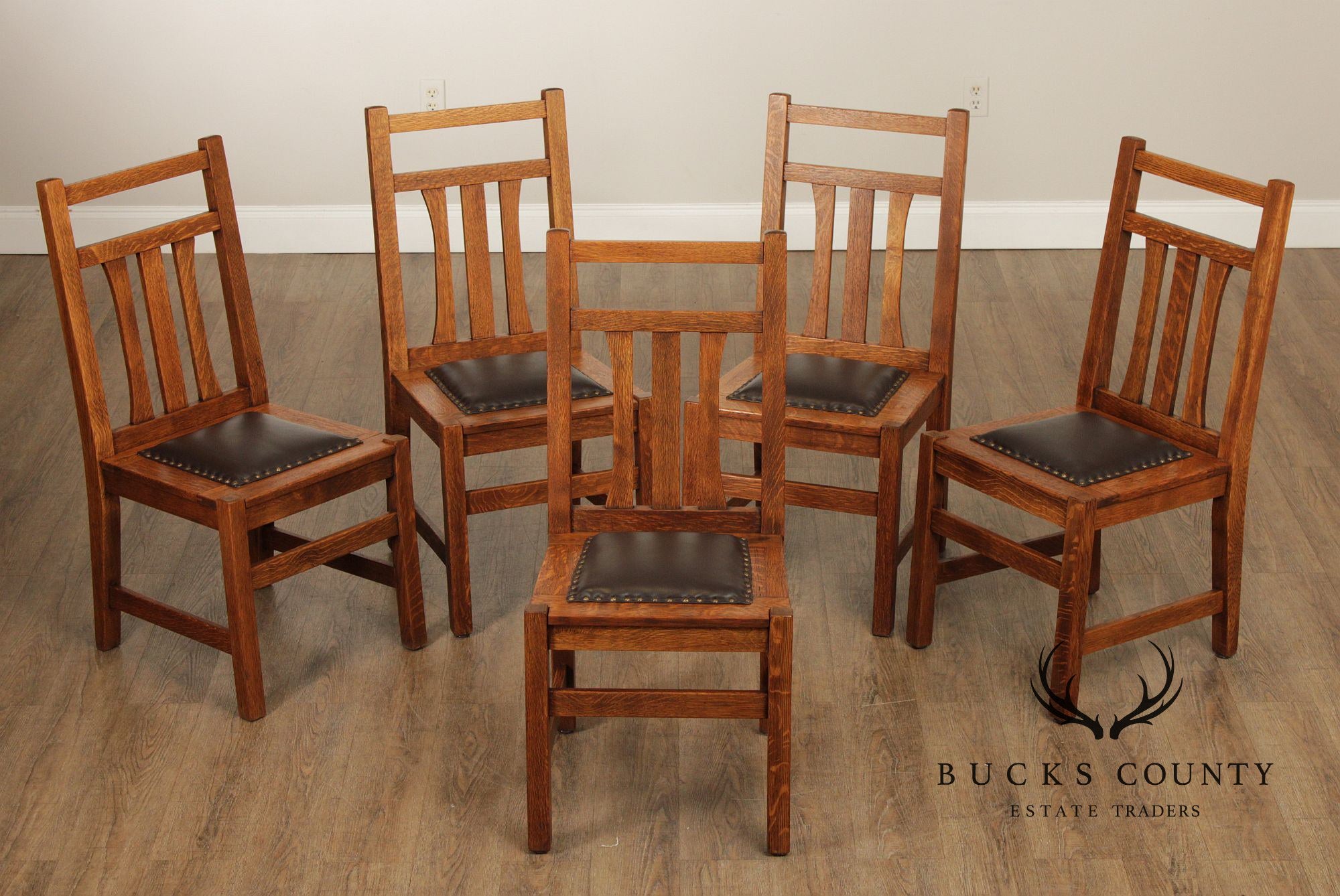Antique Mission Oak Set of Five Dining Side Chairs