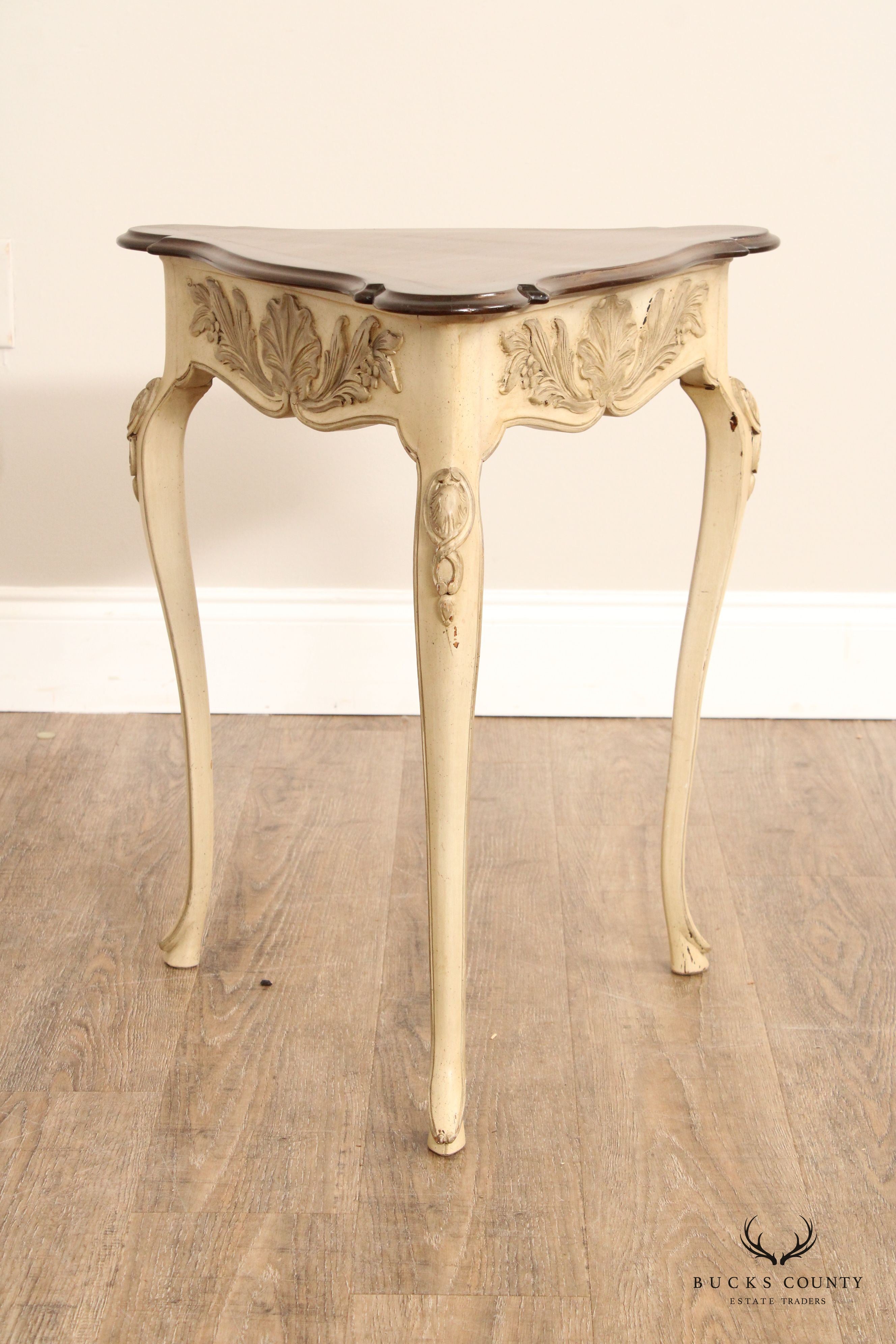 French Louis XV Style Carved and Painted Triangular Side Table