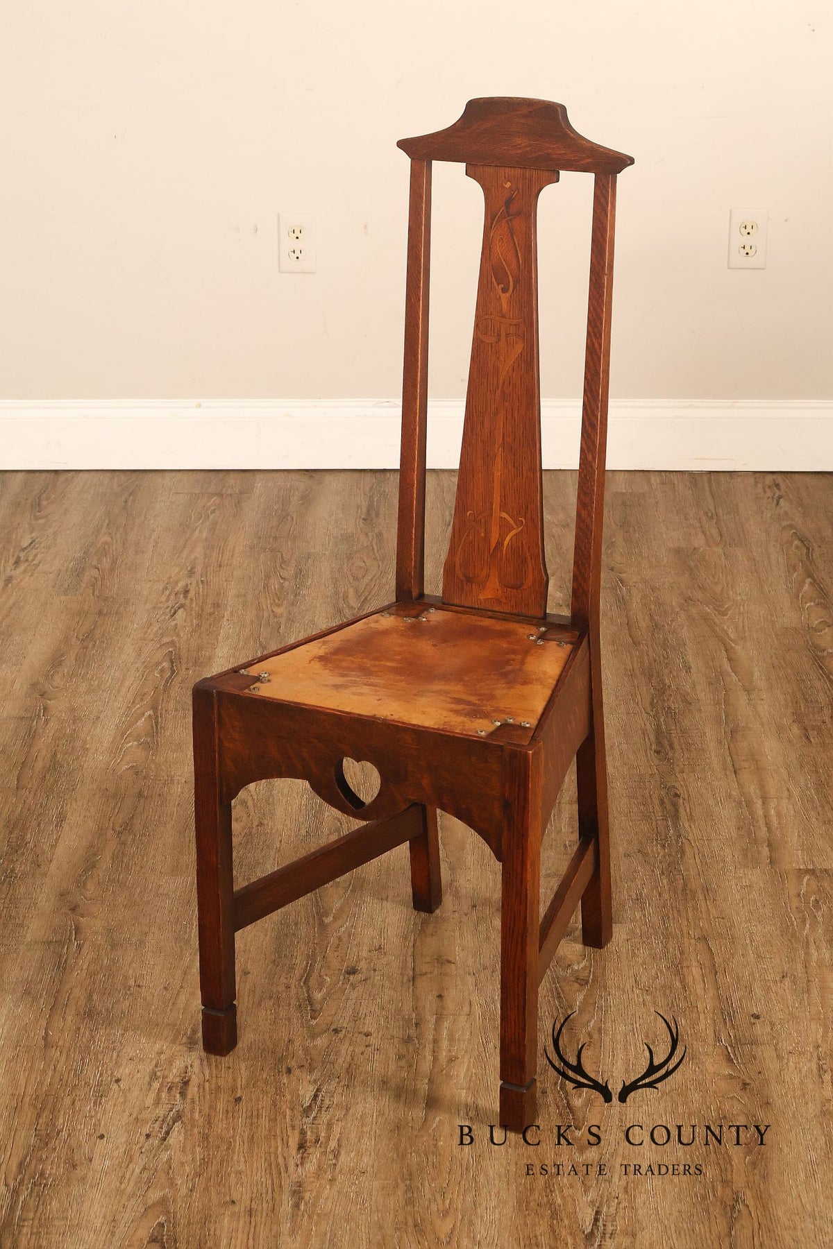 Antique Arts And Crafts Oak Inlaid Side Chair Attributed To Stickley Brothers