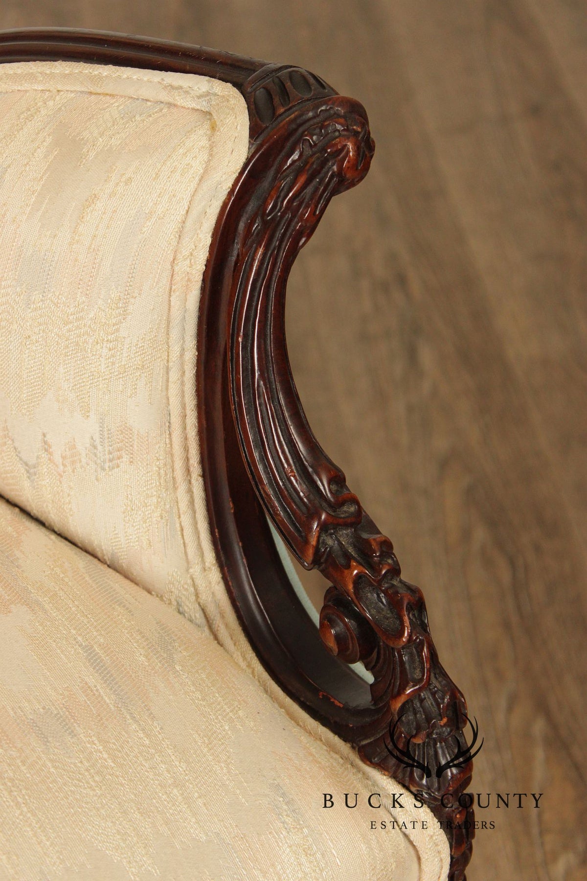 Vintage Mahogany Carved Fireside Armchair With Two-Tone Upholstery