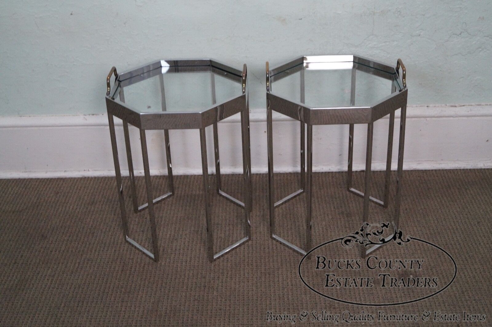 Quality Pair of Chrome & Glass Octagon Side Tables