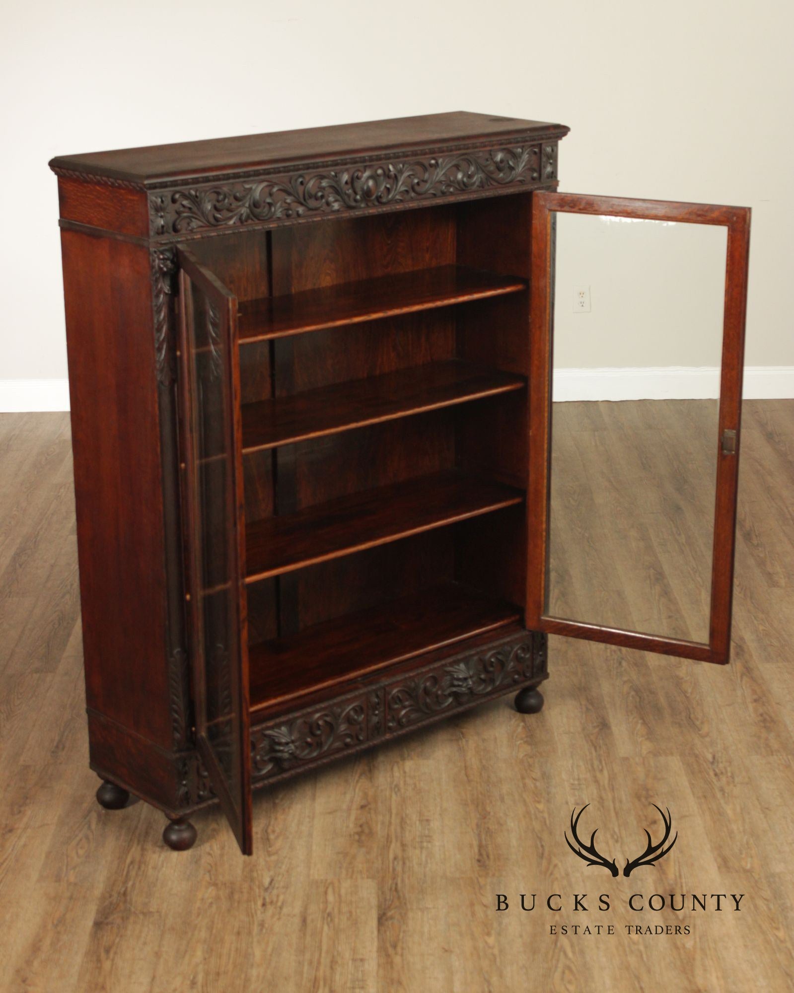 Antique Renaissance Revival Carved Oak Glass Door Bookcase