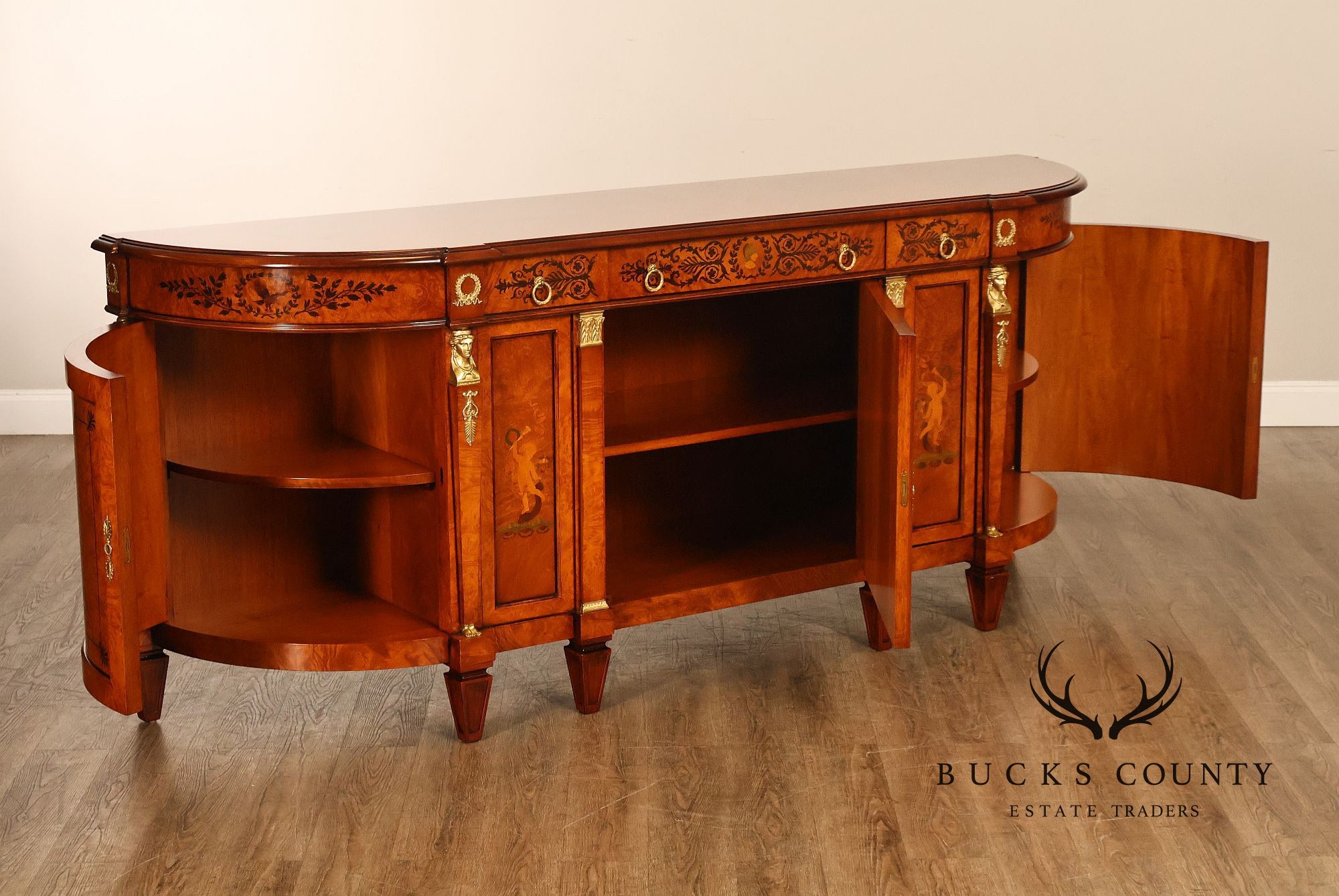 Rho Mobili D'Epoca Neoclassical Burl Wood Marquetry Inlaid Sideboard