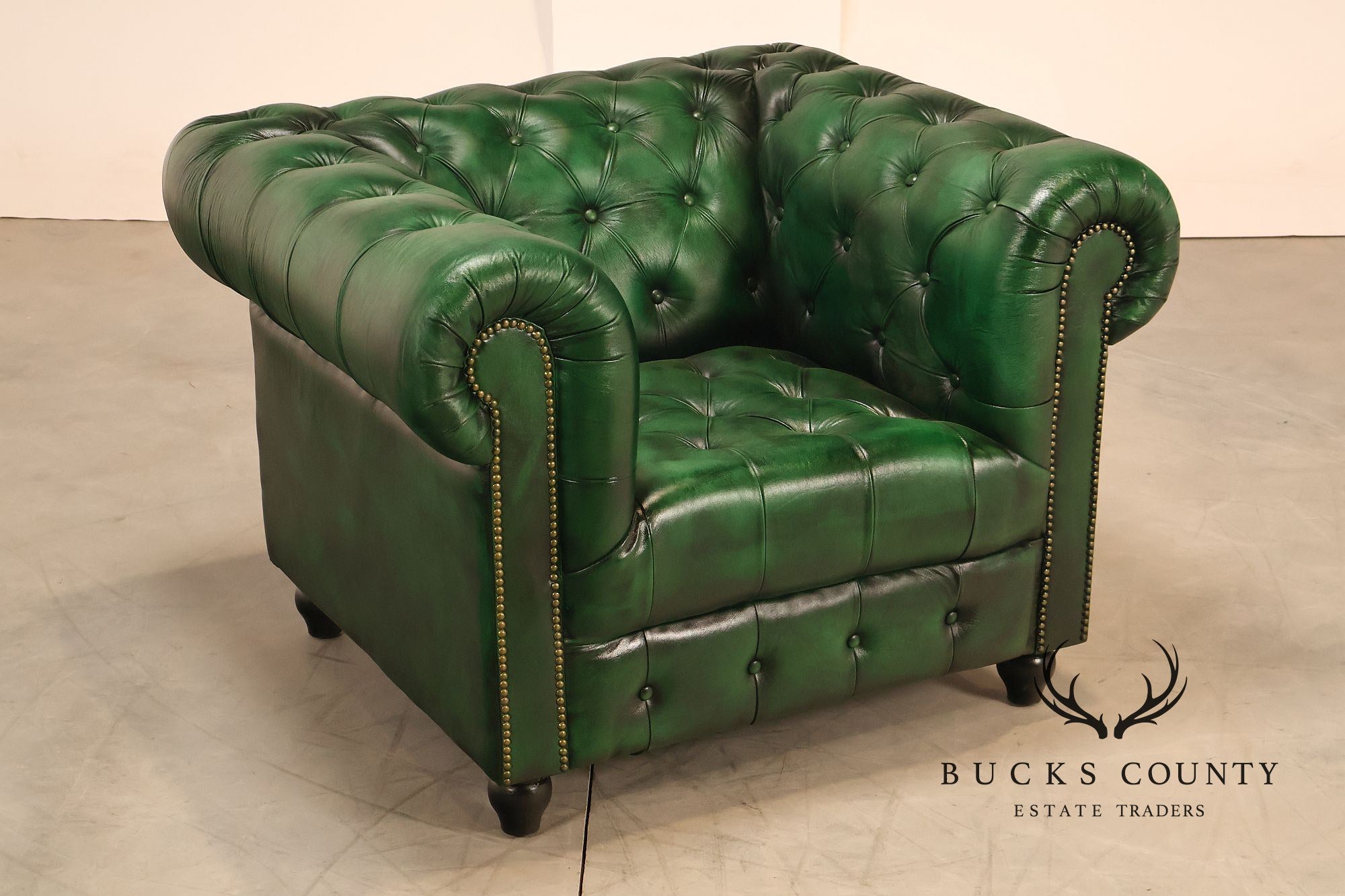 Chesterfield Style Pair of Green Leather Club Chairs