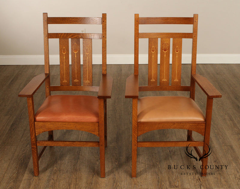 Stickley Mission Collection Pair of Harvey Ellis Inlaid Oak Dining Armchairs