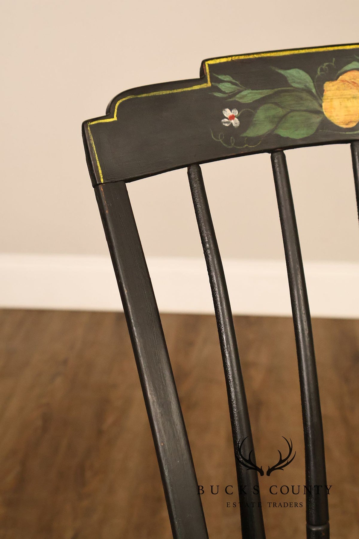 Vintage Stenciled Black Windsor Style Set Of Eight Dining Chairs