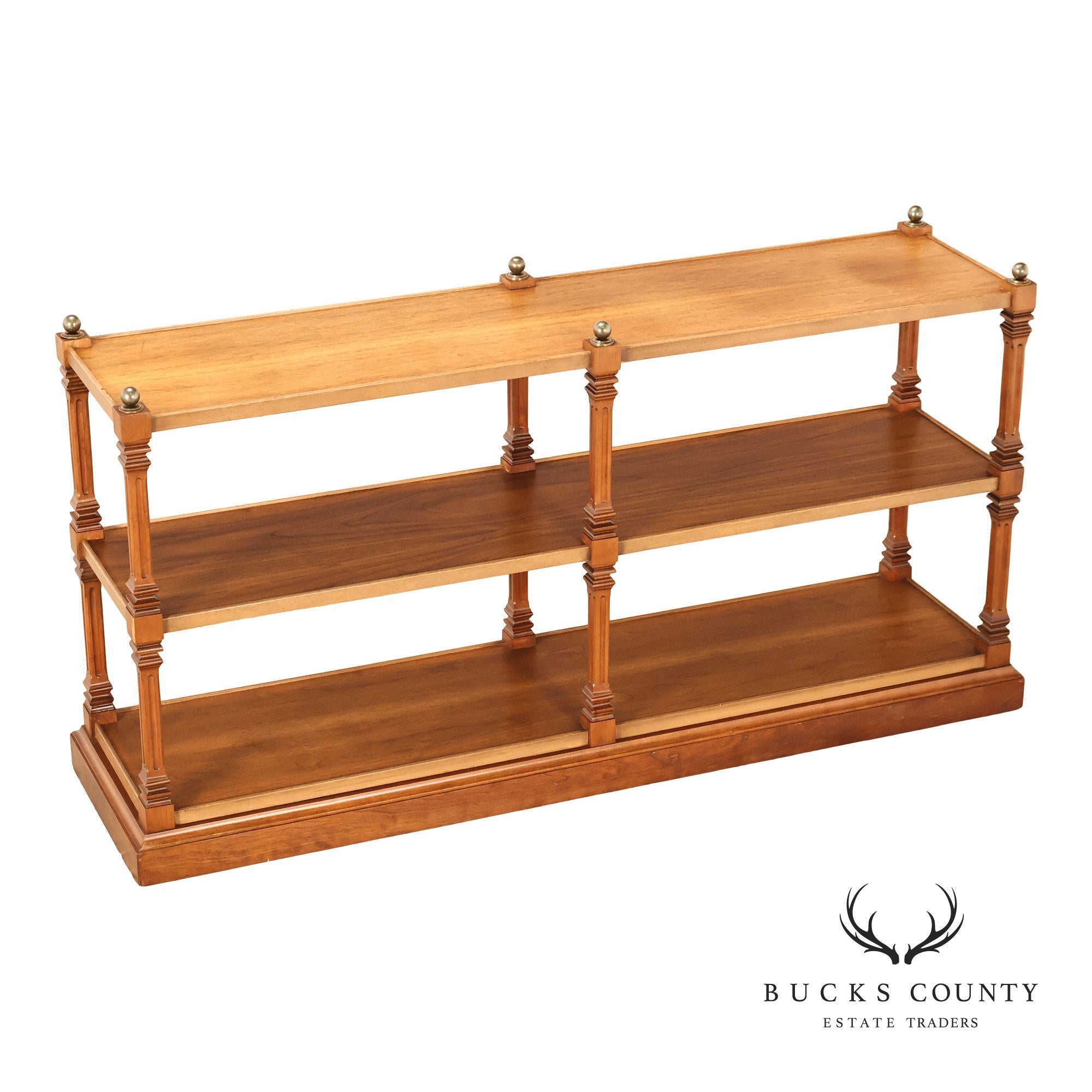 Brandt Furniture Regency Style Walnut Three-Tier Open Etagere Bookcase With Brass Ball Finials