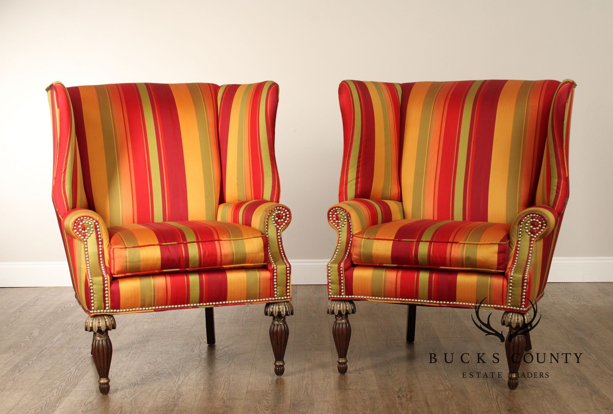 Lane Venture  Modern Regency Style Pair Striped Wing Chairs