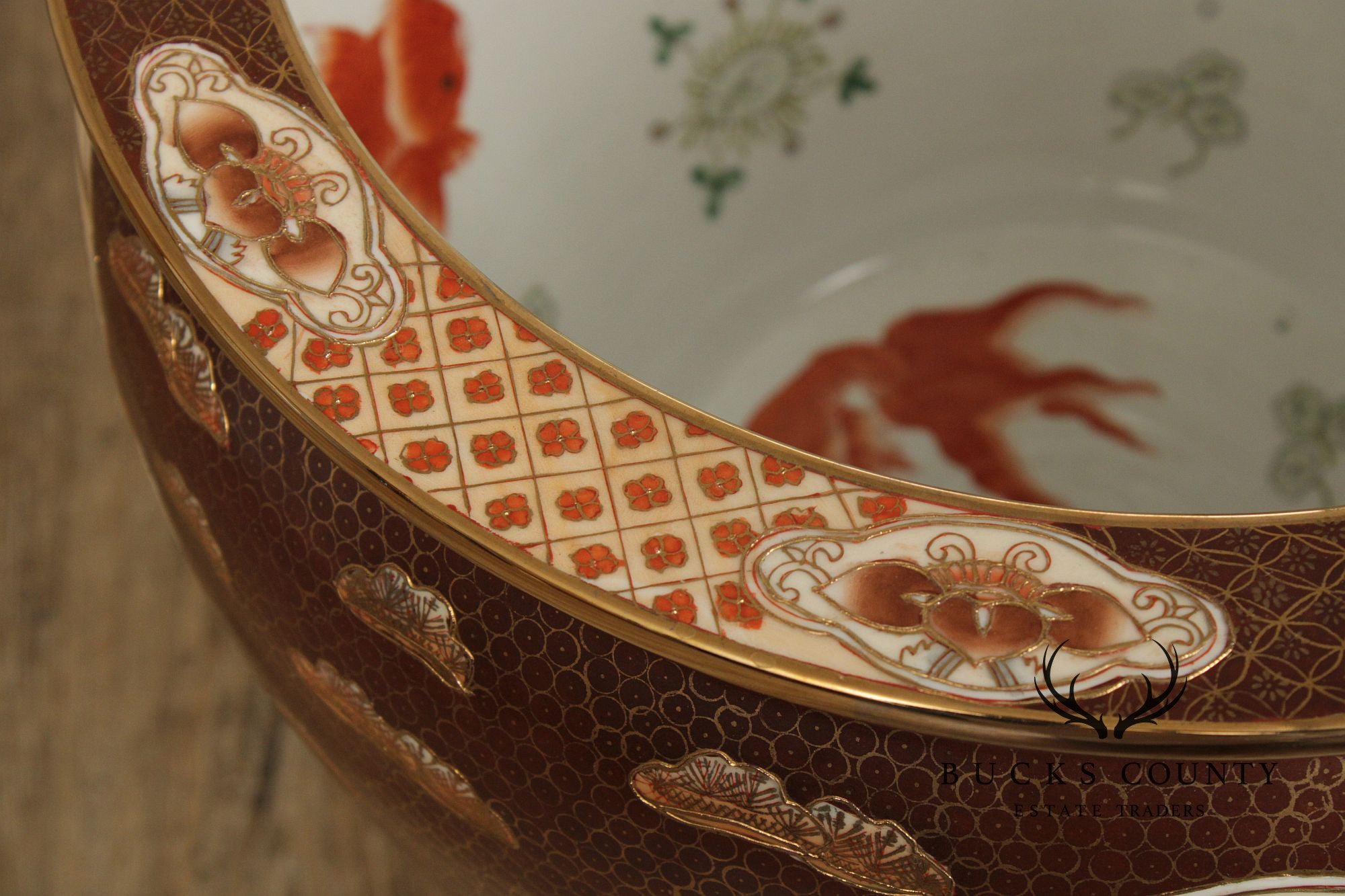 Vintage Chinese Porcelain Fishbowl Planter on Stand